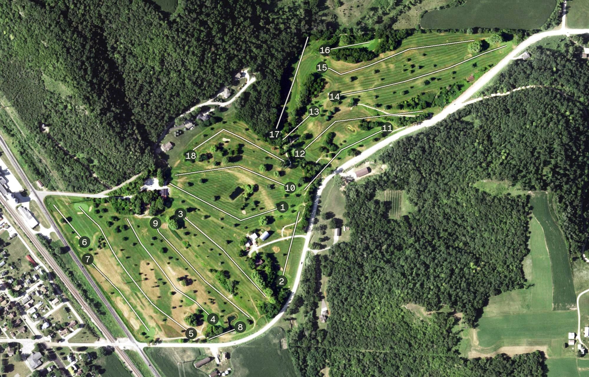 Aerial view of Walnut Grove Golf Course, WI, with its hole routing marked