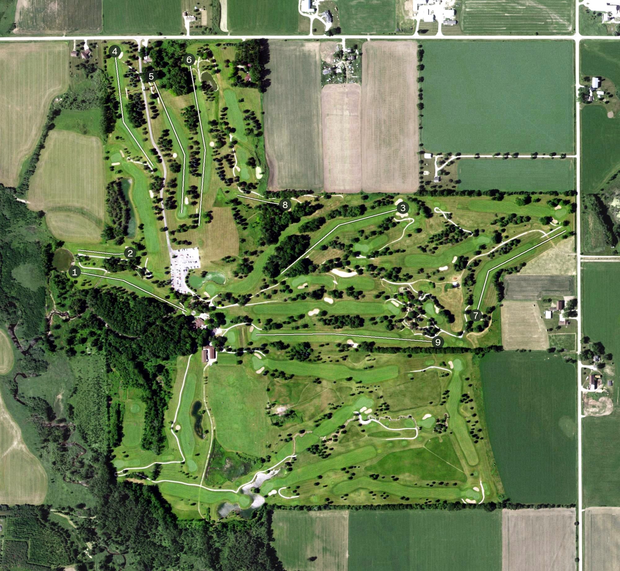Aerial view of Wander Springs Golf Course, WI, with its hole routing marked