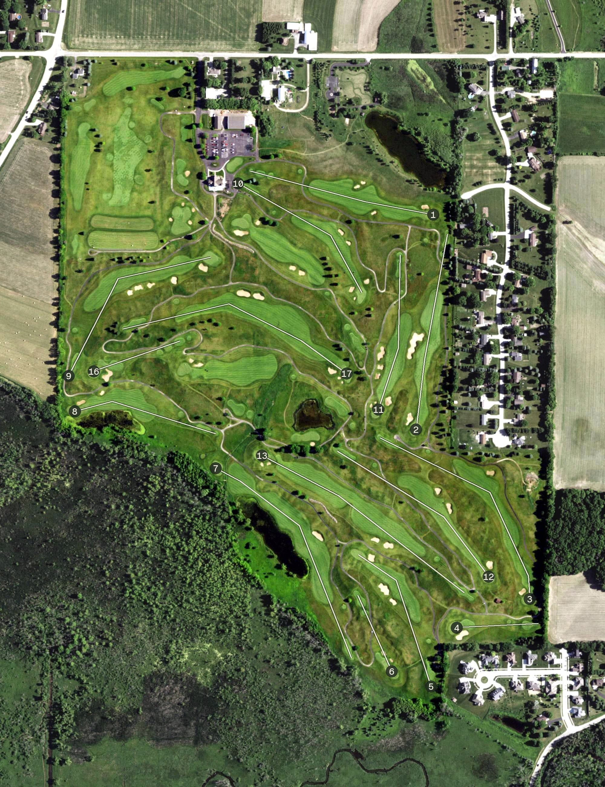 Aerial view of Washington County Golf Course, WI, with its hole routing marked
