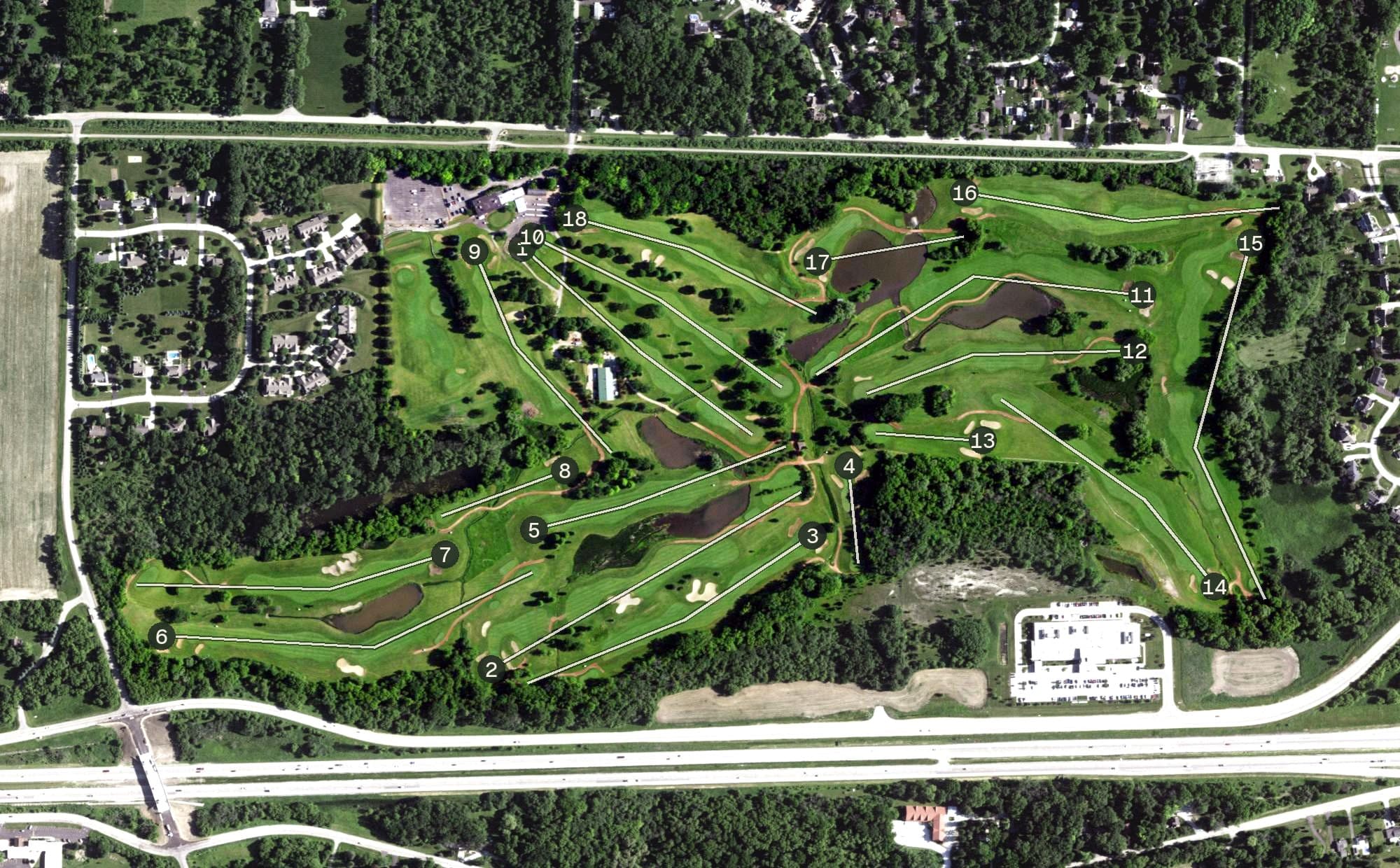 Aerial view of Western Lakes Golf Course, WI, with its hole routing marked