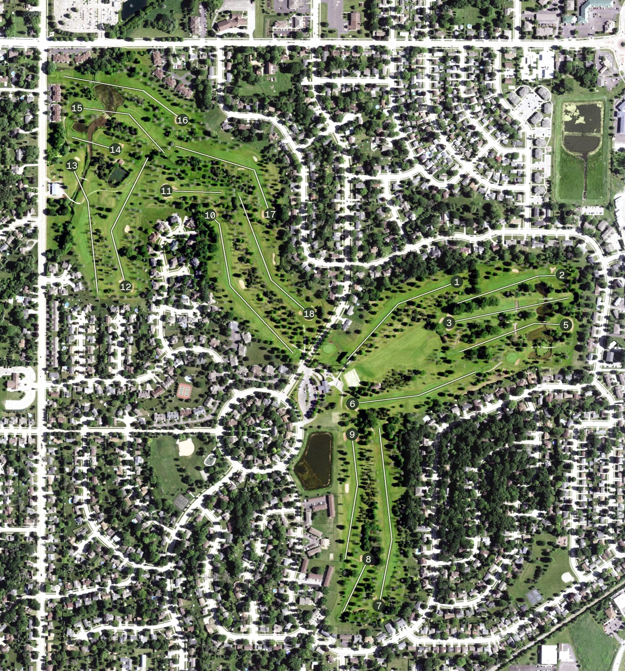 Aerial view of Westhaven Golf Club, WI, with its hole routing marked