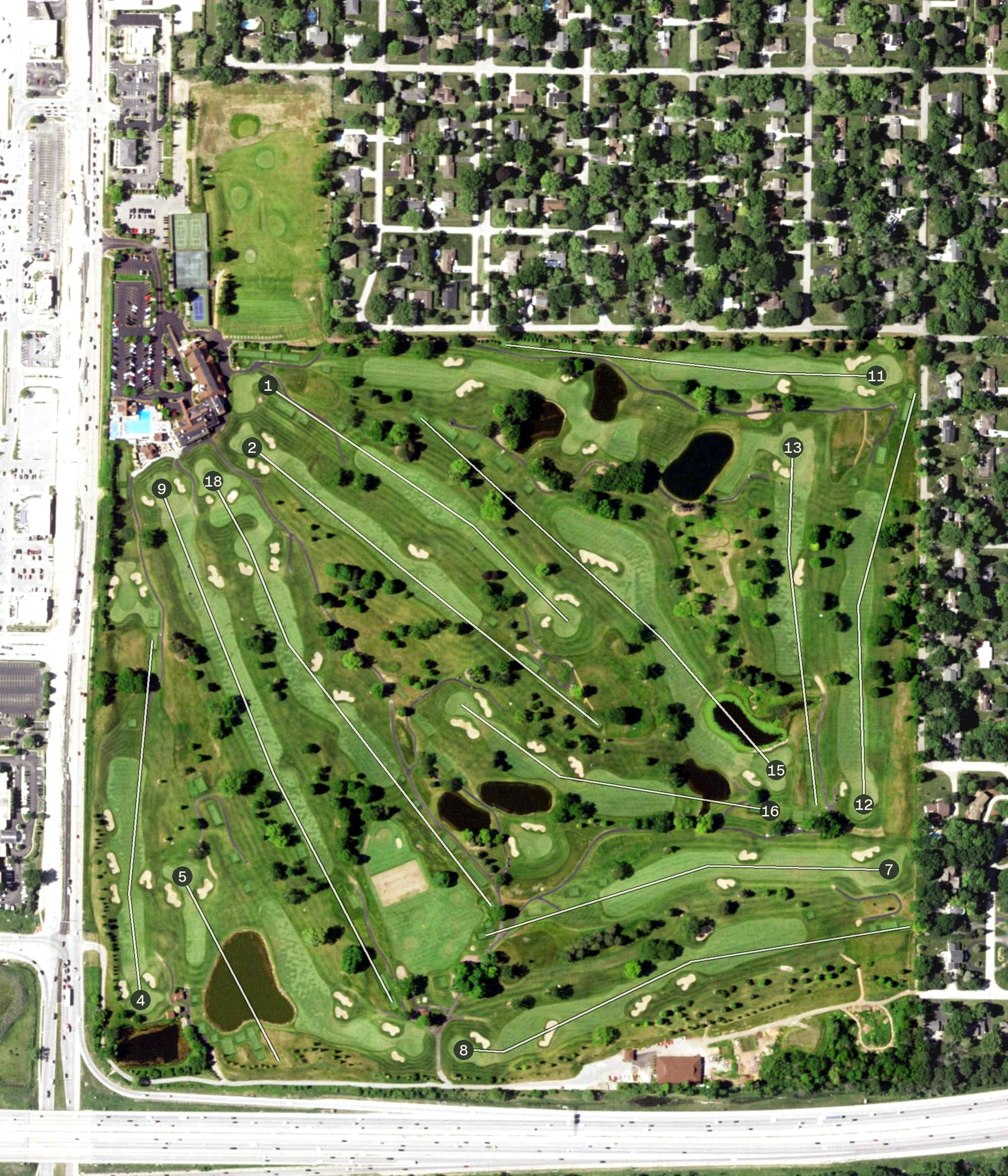 Aerial view of Westmoor Country Club, WI, with its hole routing marked