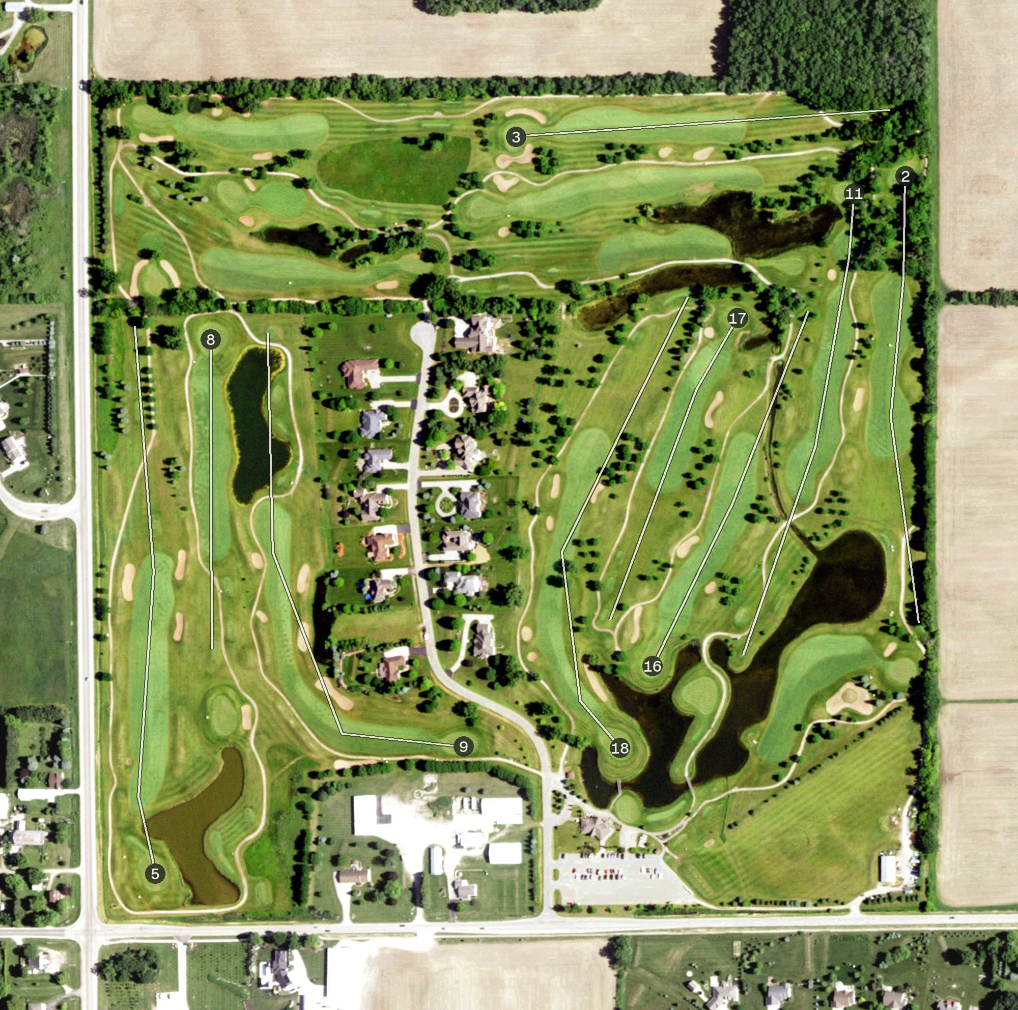 Aerial view of Westridge Golf Club, WI, with its hole routing marked