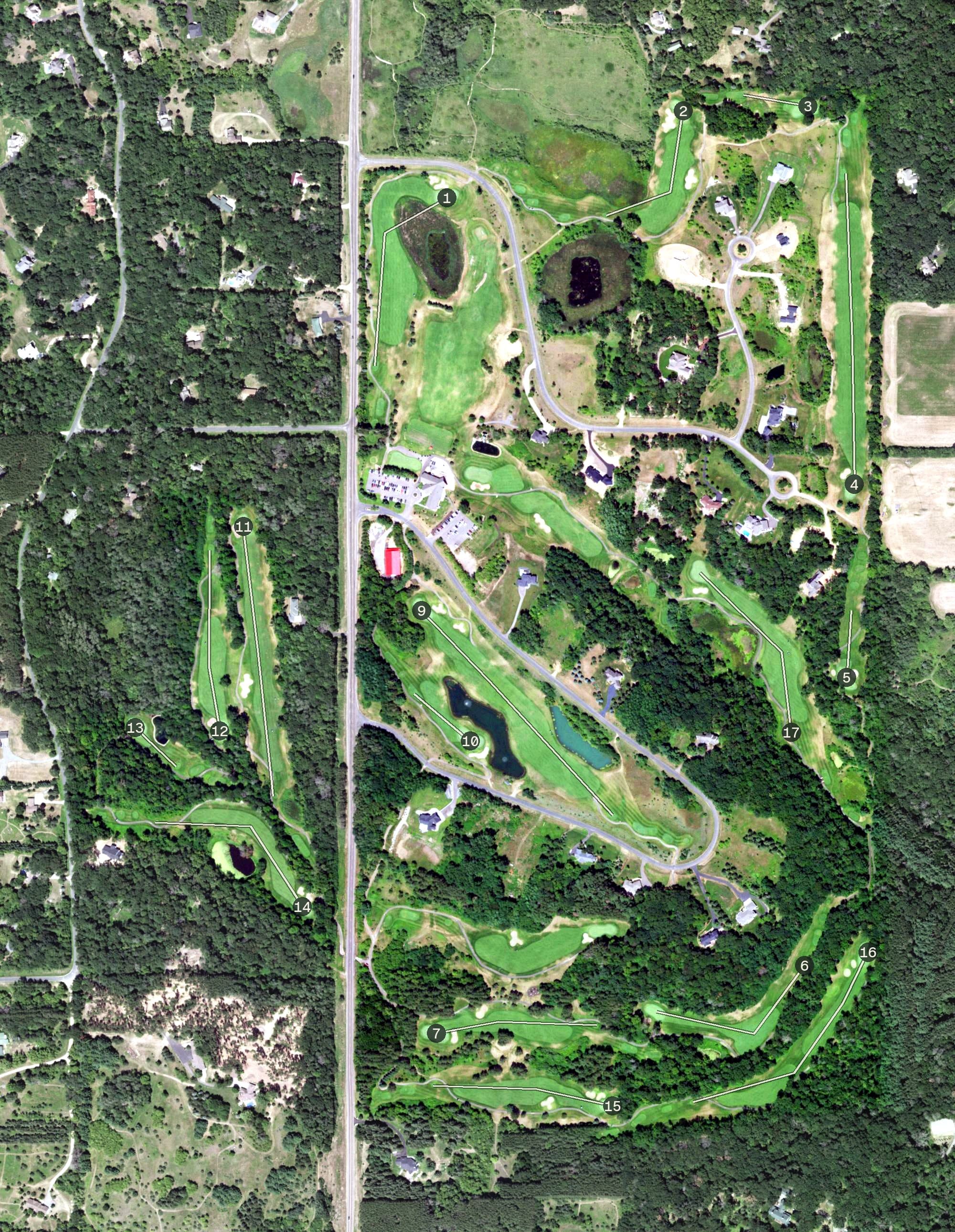 Aerial view of White Eagle Golf Club, WI, with its hole routing marked