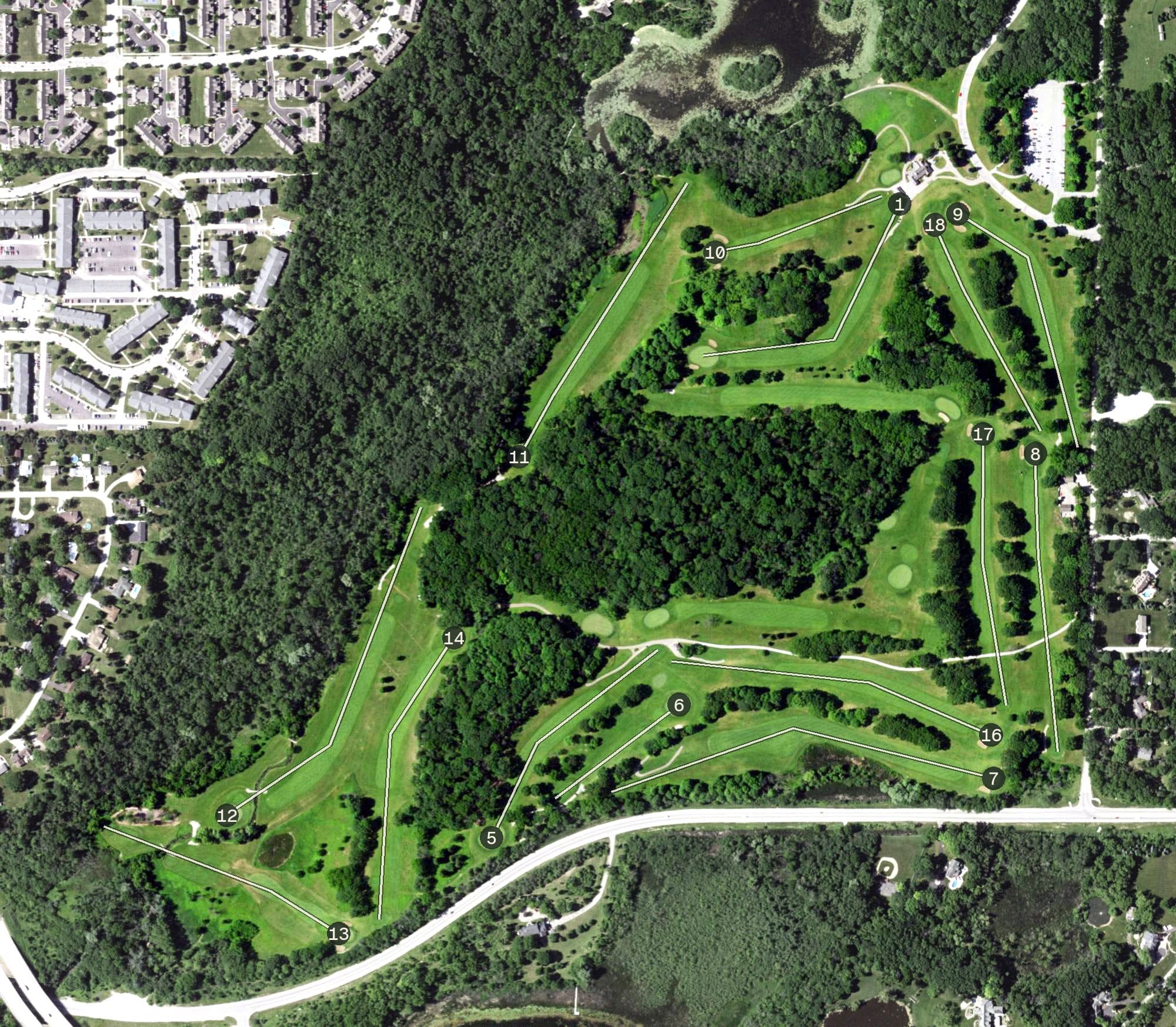Aerial view of Whitnall Park Golf Course, WI, with its hole routing marked