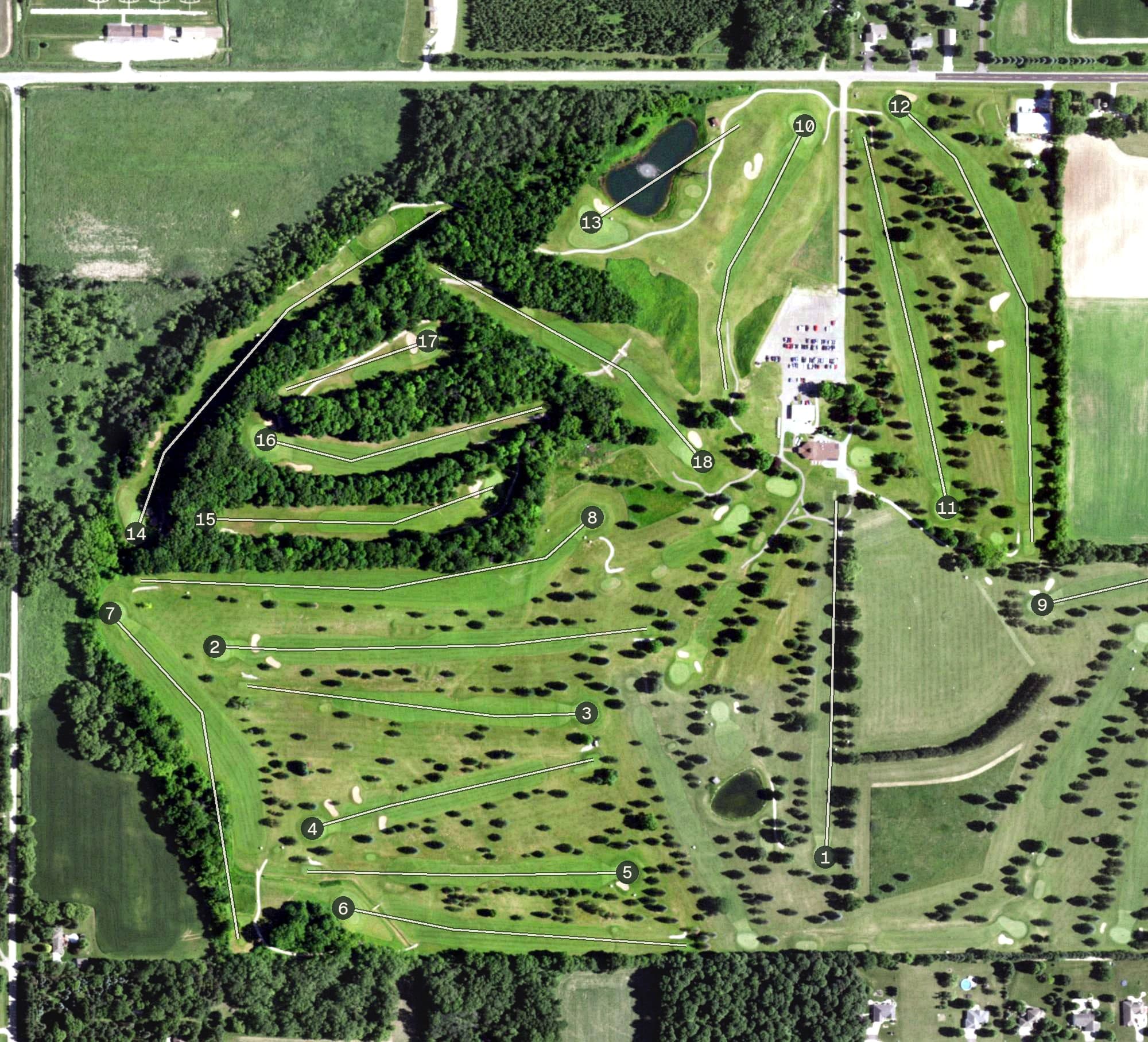 Aerial view of Winagamie Pines and Woodlands 18, WI, with its hole routing marked