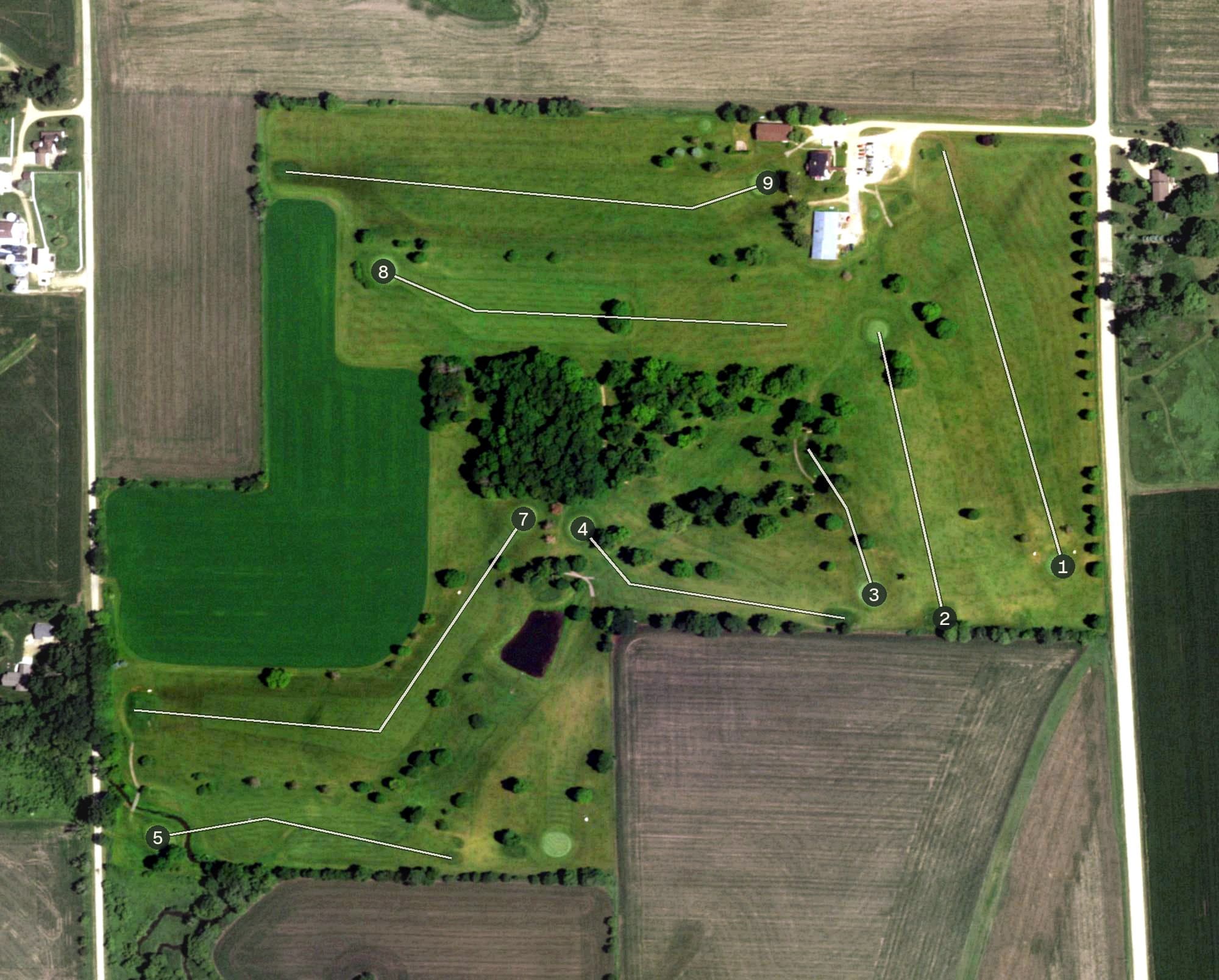 Aerial view of Windy Acres Golf Course, WI, with its hole routing marked