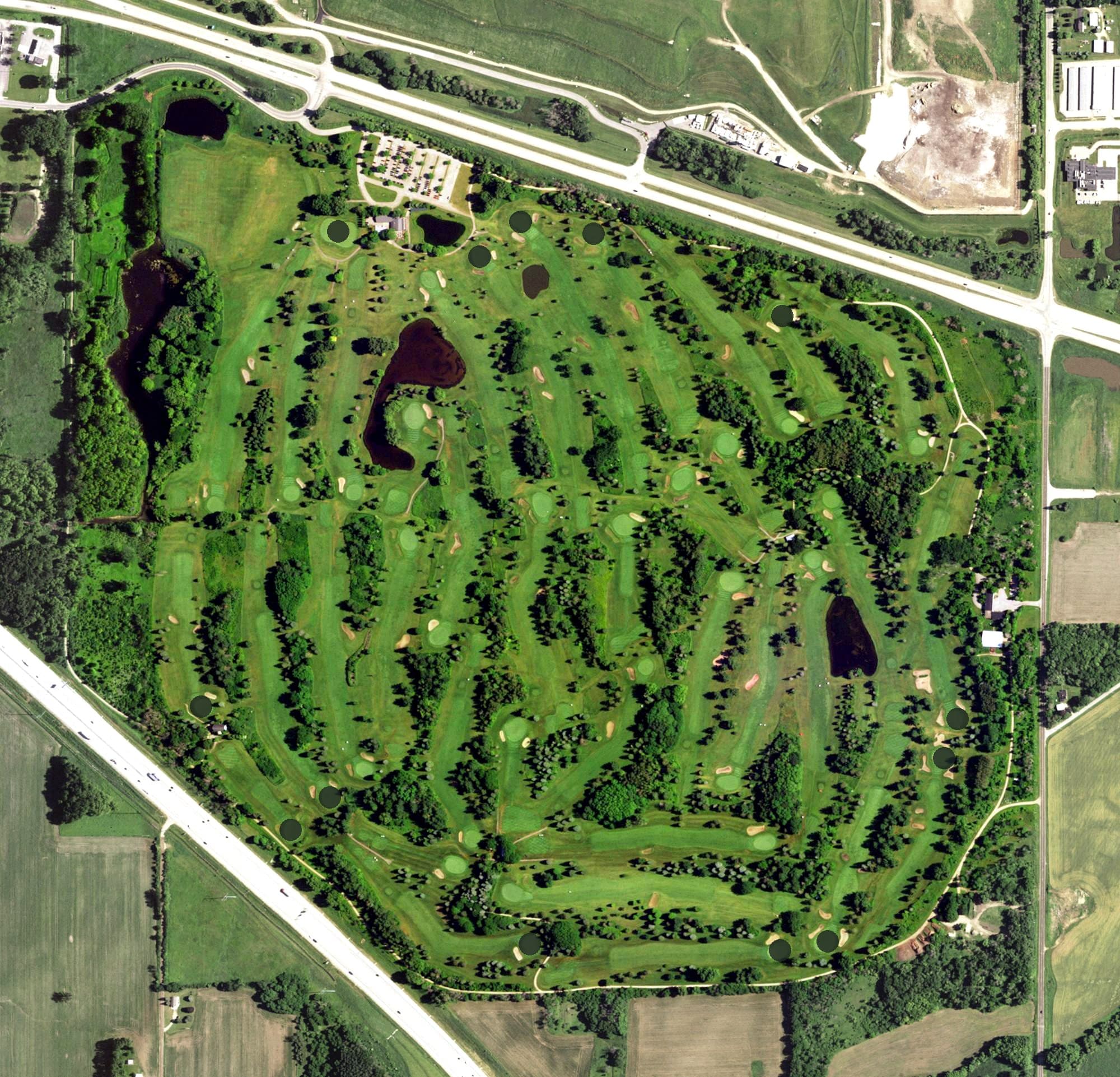 Aerial view of Yahara Hills Golf Course, WI, with its hole routing marked