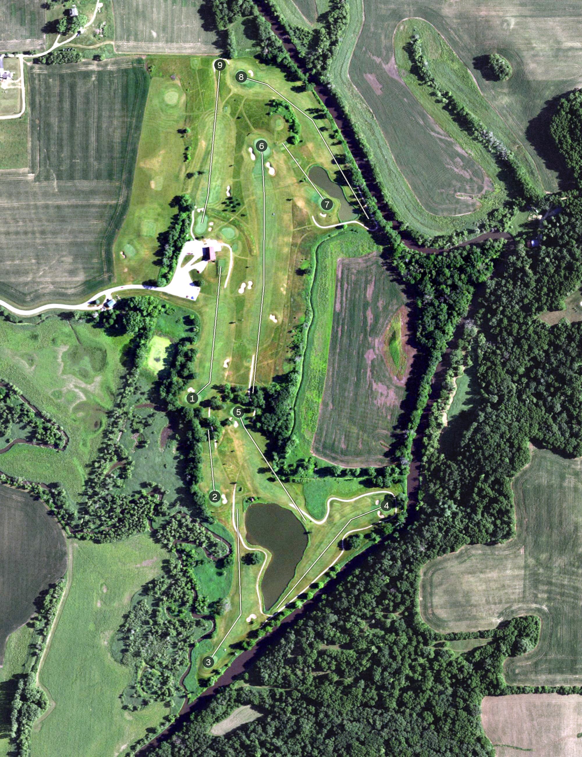 Aerial view of Yellowstone Golf Course, WI, with its hole routing marked