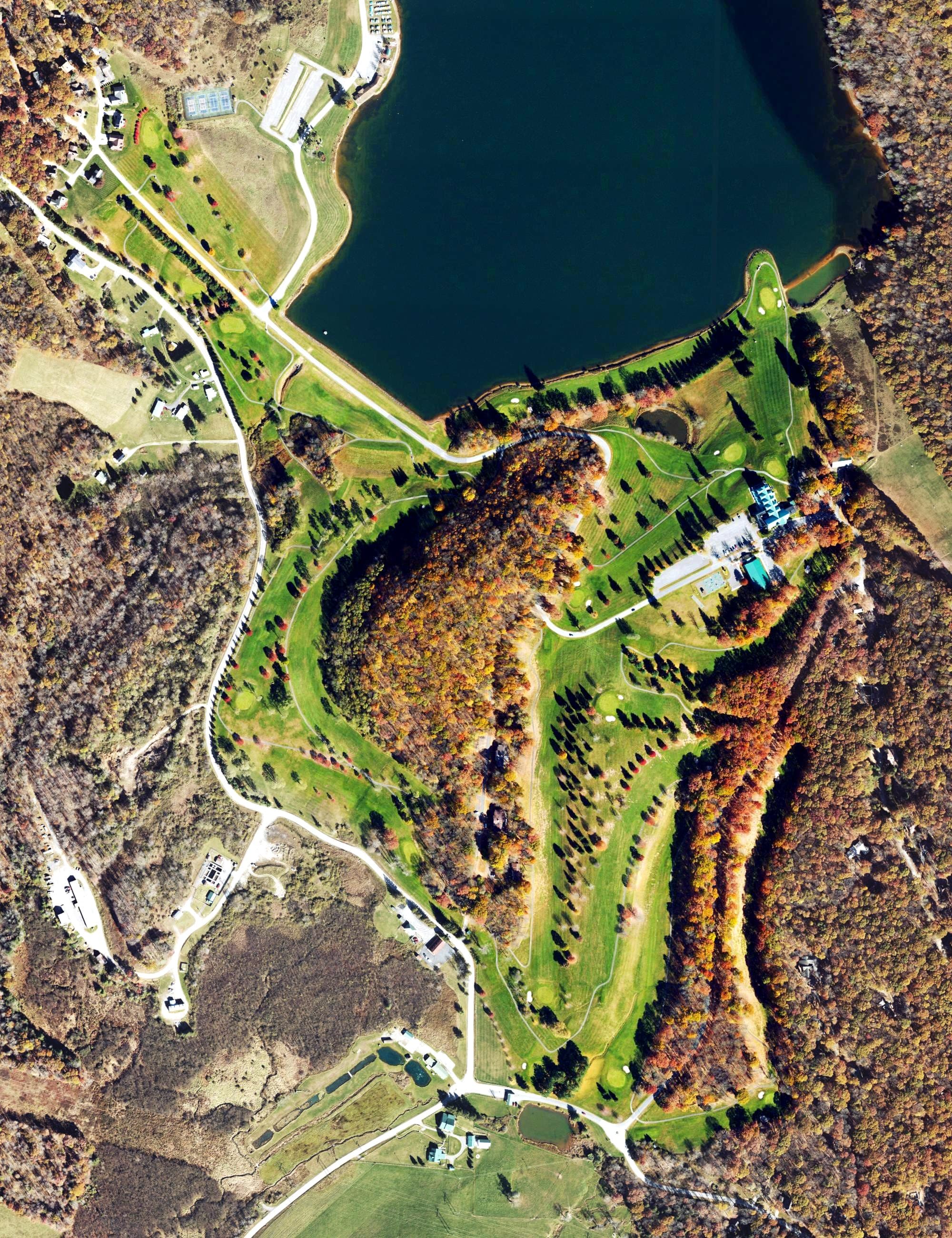 Aerial view of Alpine Lake Resort Golf Course, WV, with its hole routing marked