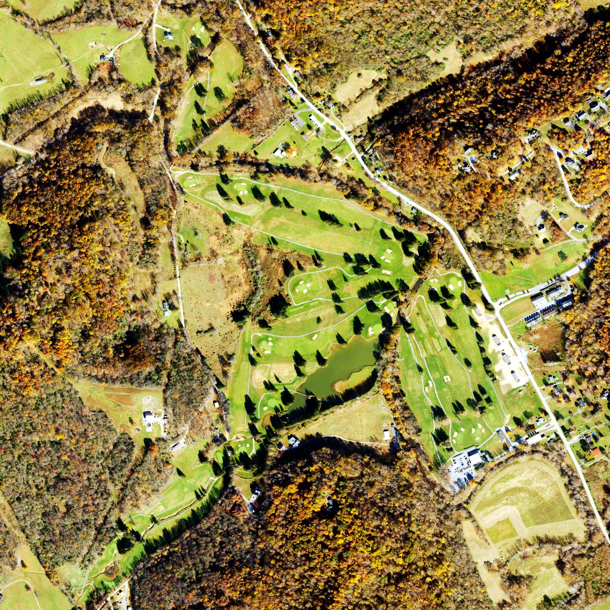 Aerial view of Bel Meadow Country Club, WV, with its hole routing marked