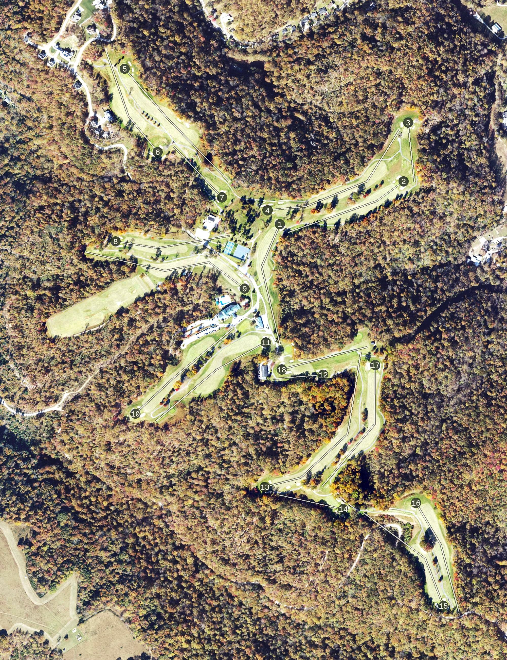 Aerial view of Berry Hills Country Club, WV, with its hole routing marked