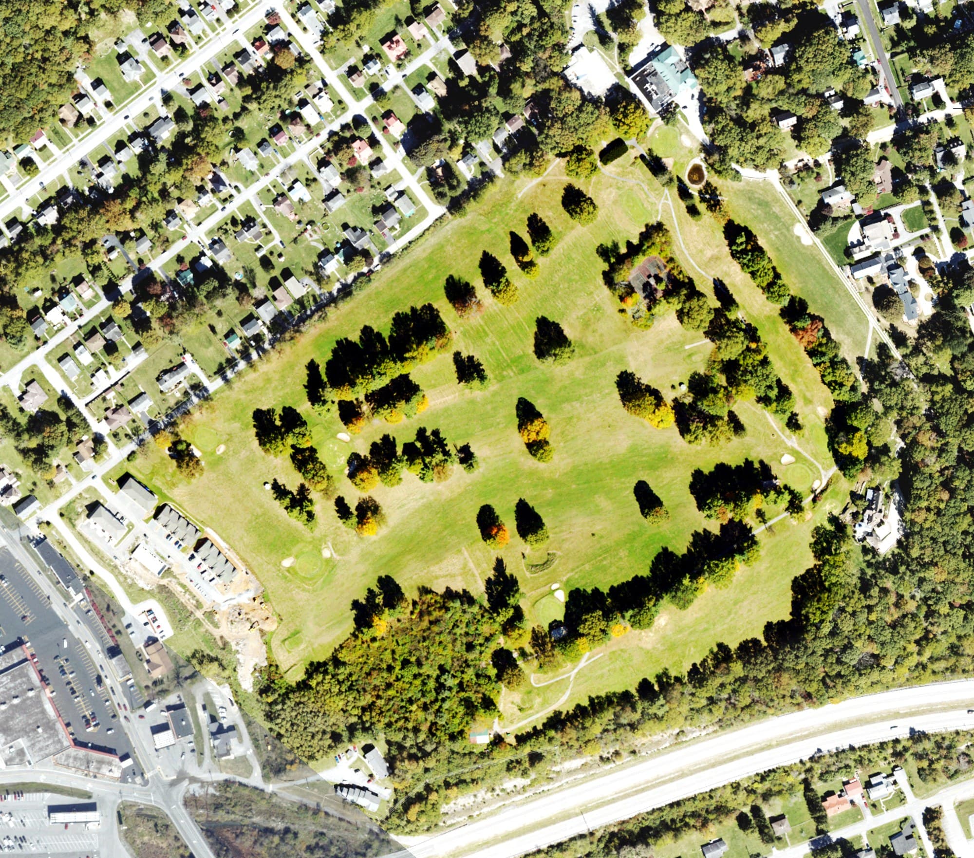 Aerial view of Bluefield Elks Club Golf Course, WV, with its hole routing marked