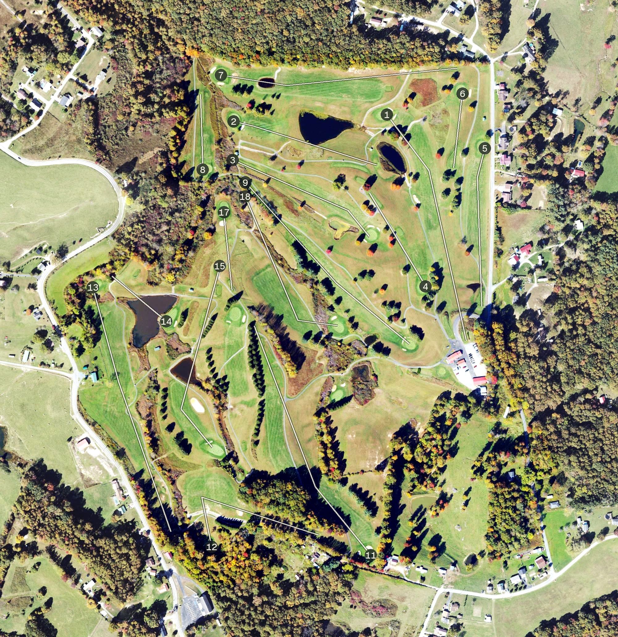 Aerial view of Bridge Haven Golf Club, WV, with its hole routing marked