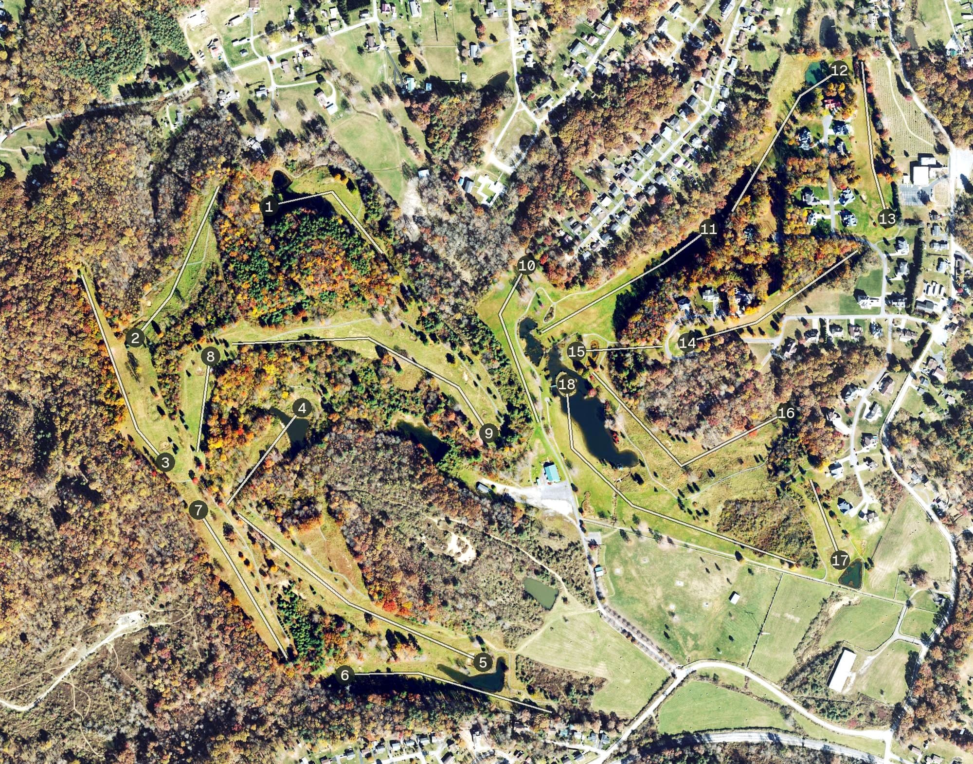 Aerial view of Brier Patch Golf Links, WV, with its hole routing marked