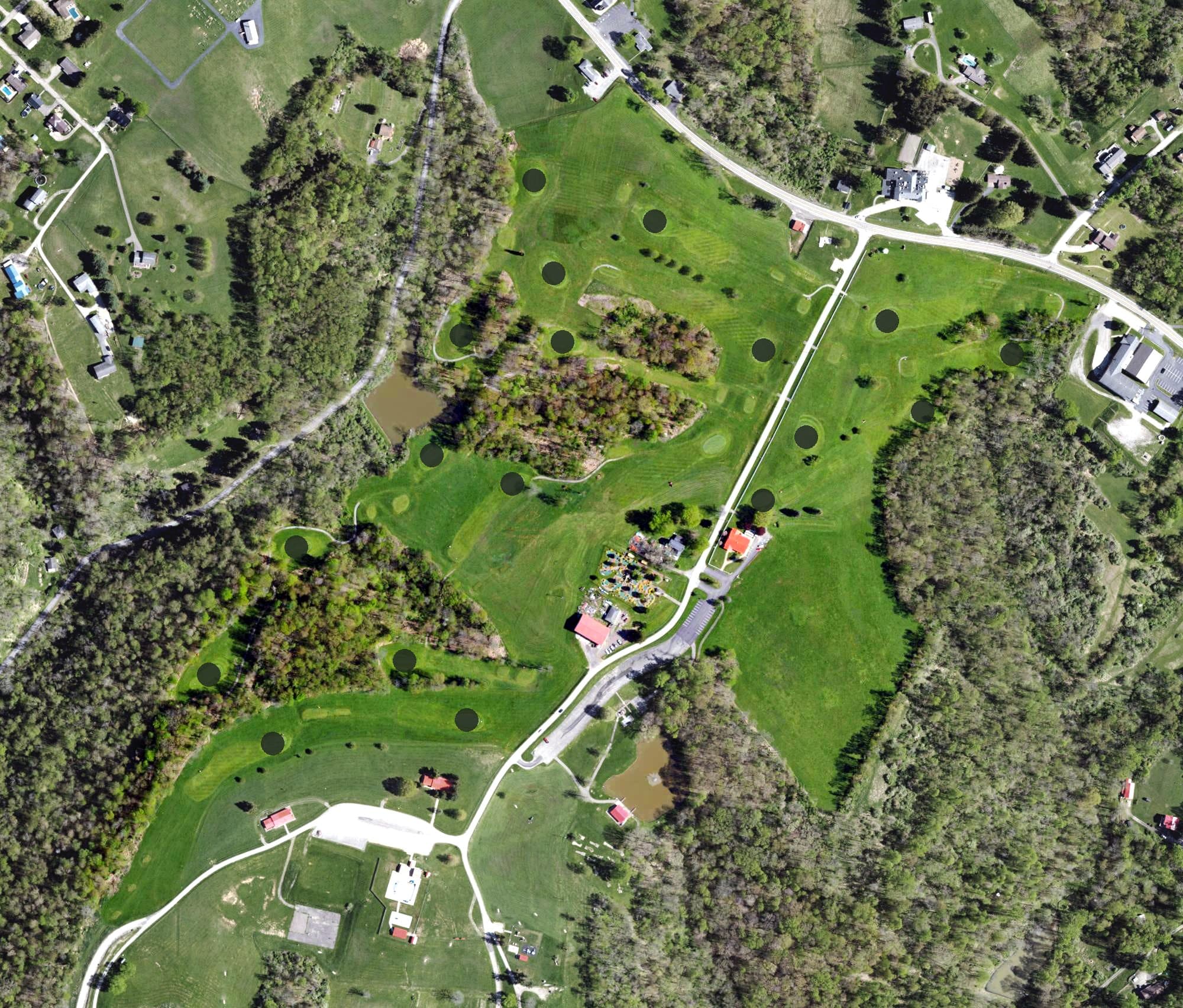 Aerial view of Brooke Hills Park Golf Course, WV, with its hole routing marked