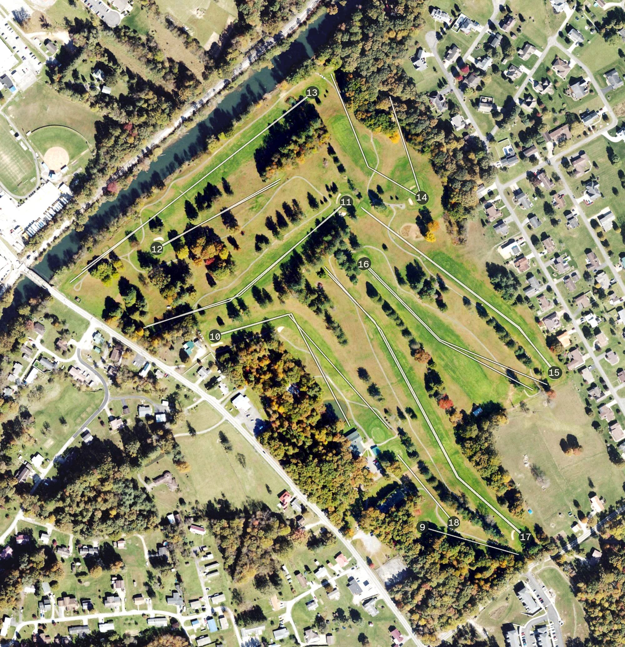 Aerial view of Buckhannon Country Club Golf Course, WV, with its hole routing marked