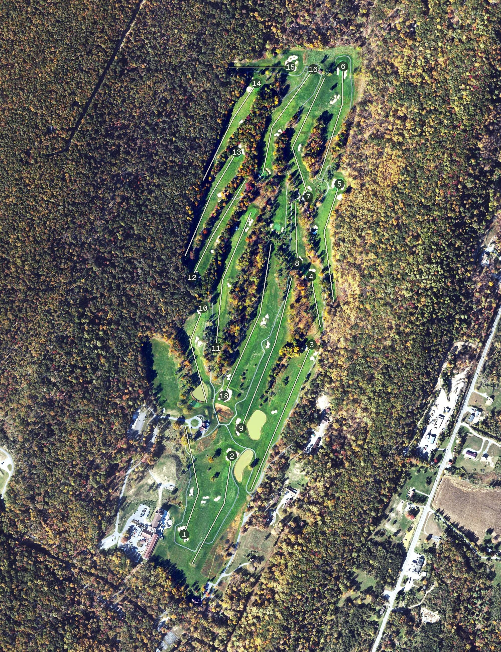 Aerial view of Cacapon Golf Course, WV, with its hole routing marked