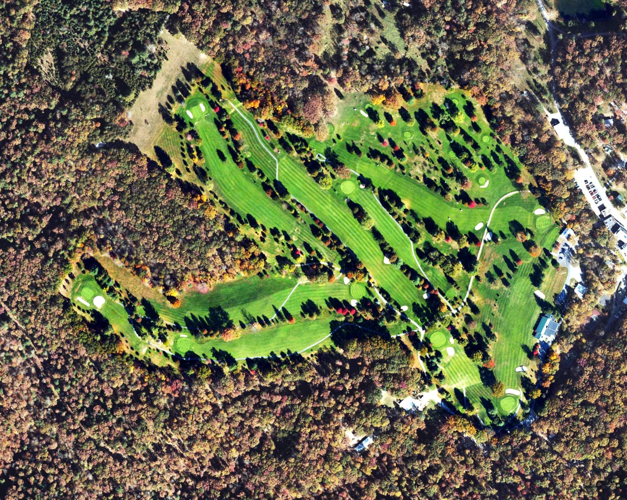 Aerial view of Capon Springs and Farms Golf Course, WV, with its hole routing marked