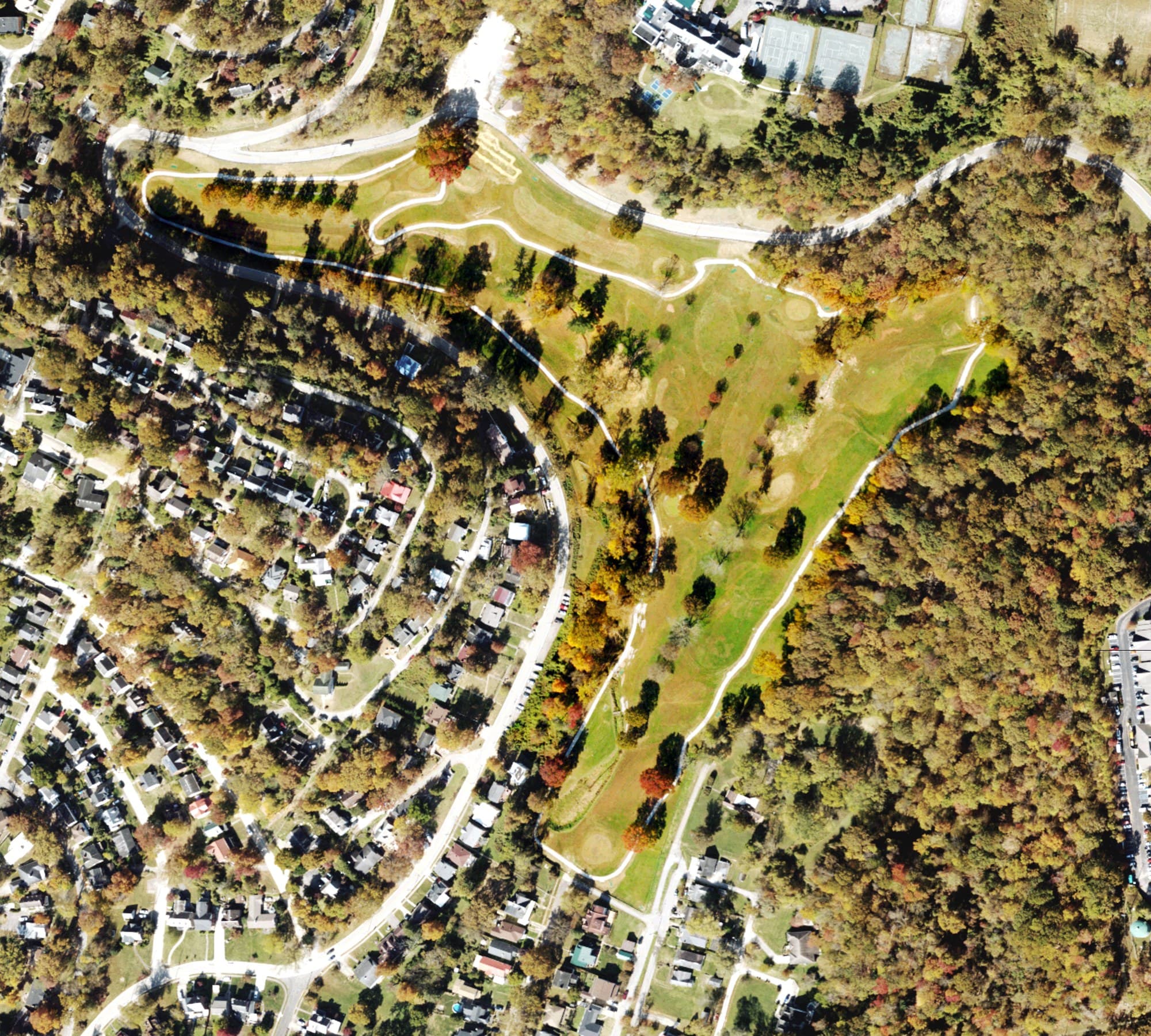 Aerial view of Cato Park Golf Course, WV, with its hole routing marked