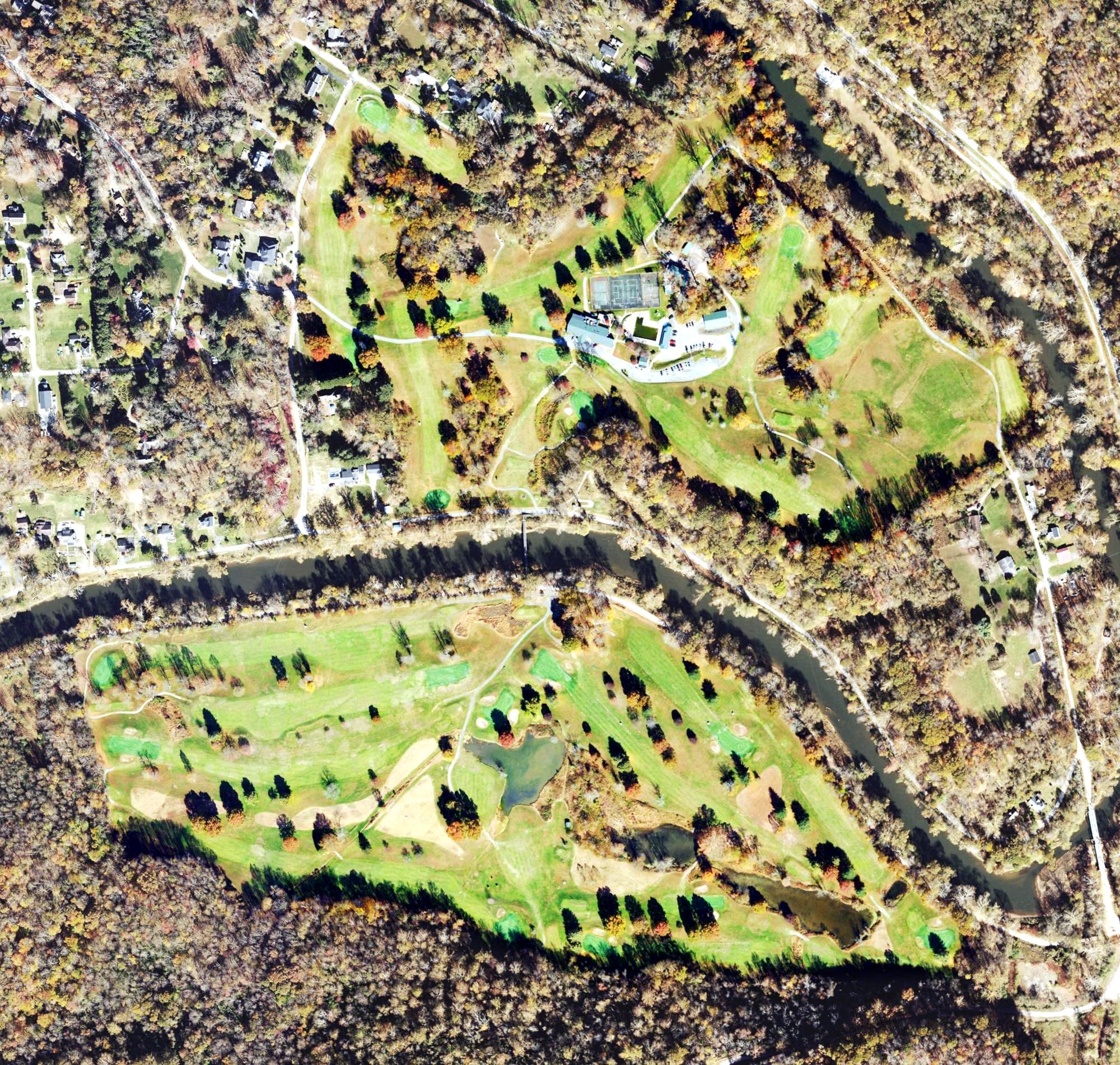 Aerial view of Clarksburg Country Club, WV, with its hole routing marked