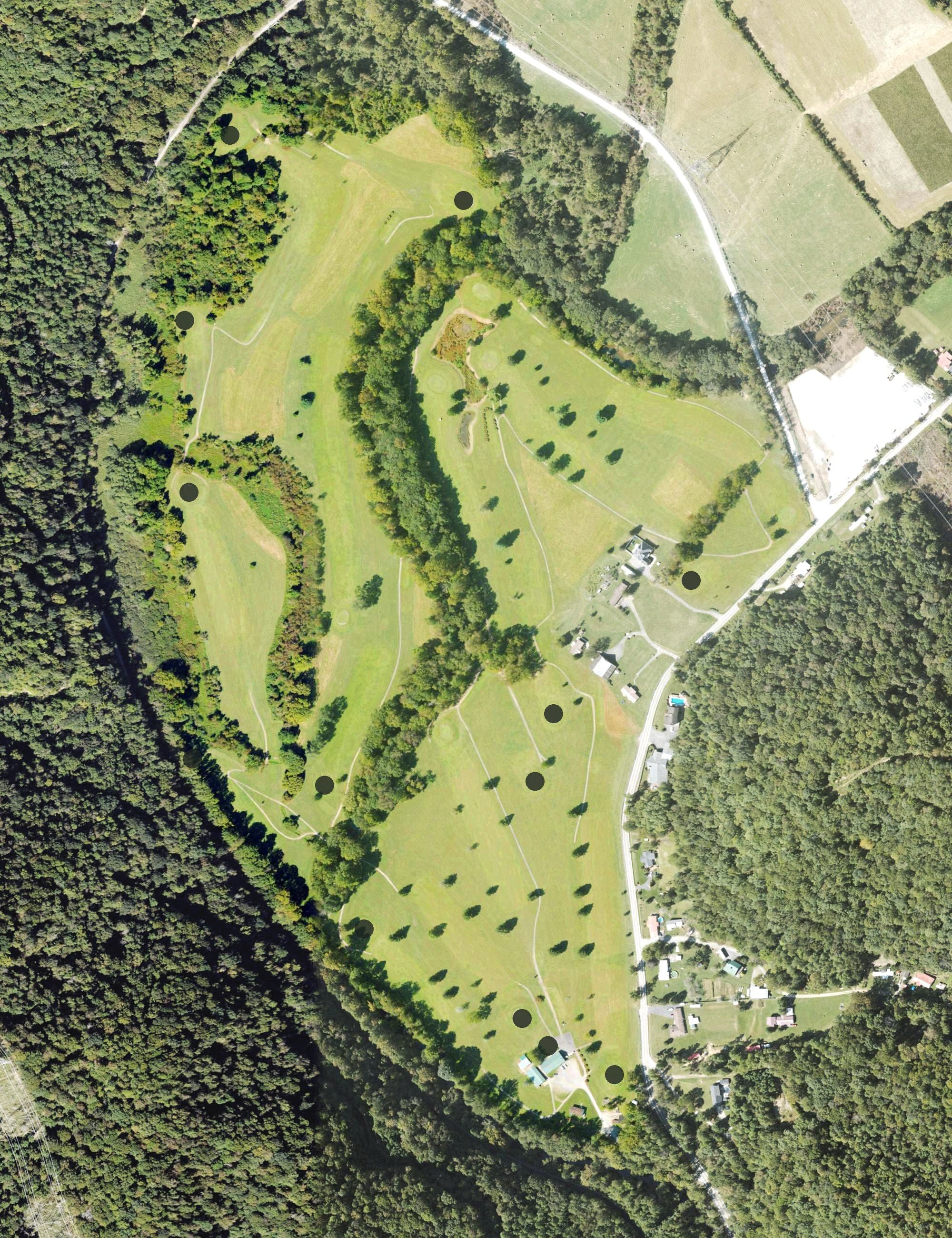 Aerial view of Clear Fork Valley Golf Course, WV, with its hole routing marked