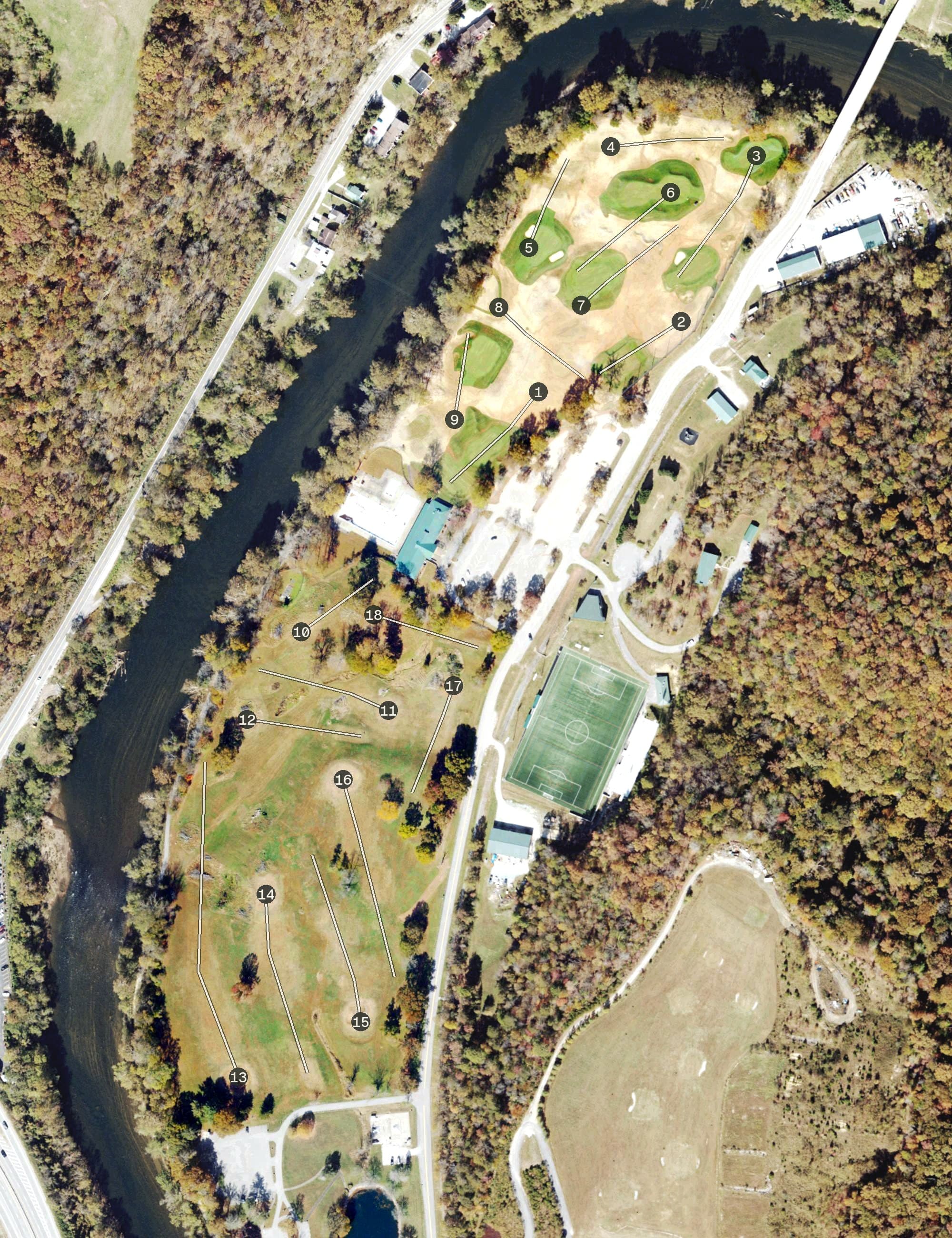 Aerial view of Coonskin Golf Course, WV, with its hole routing marked