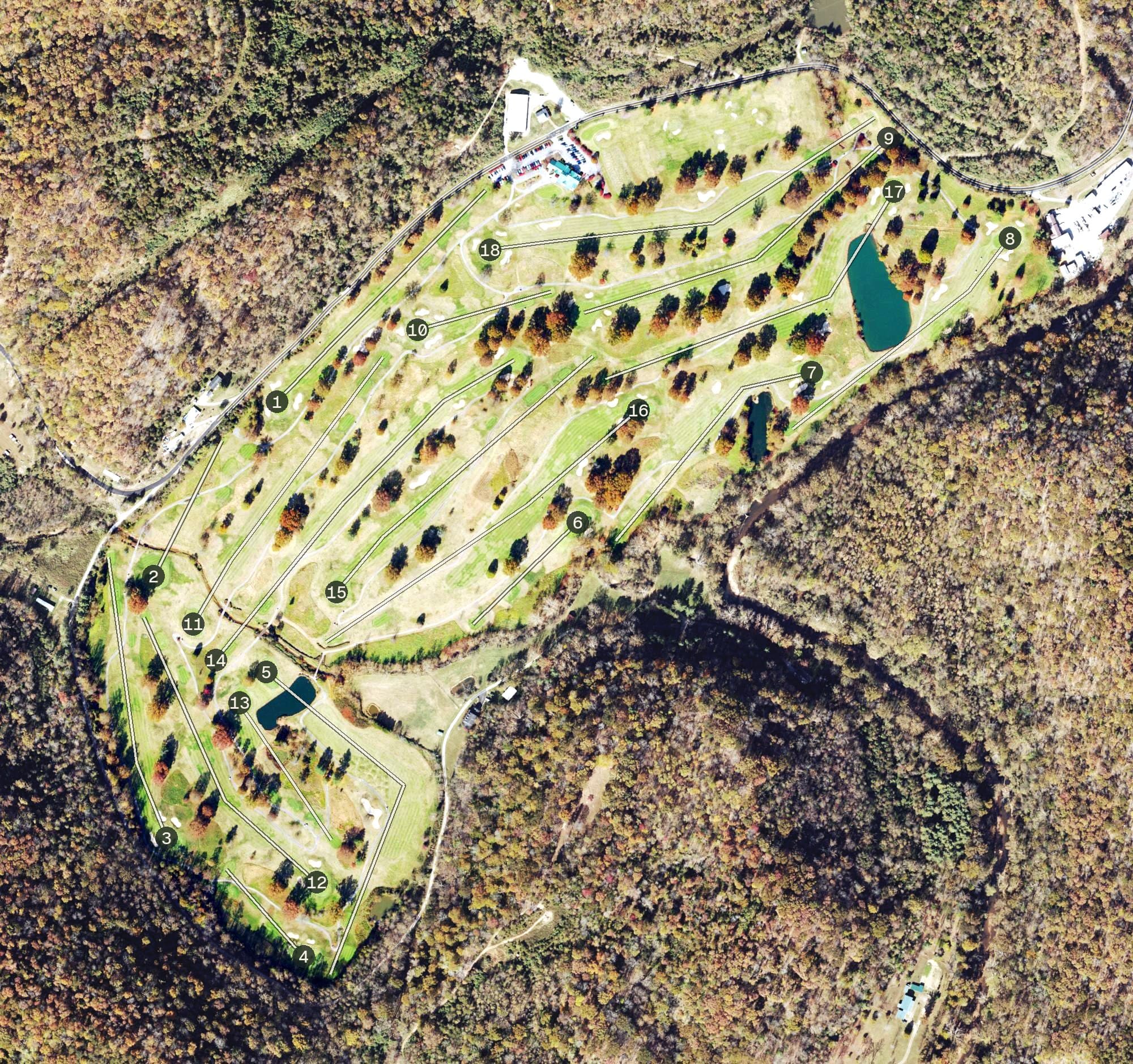 Aerial view of Derrick's Creek Golf Course at Edgewood Country Club, WV, with its hole routing marked