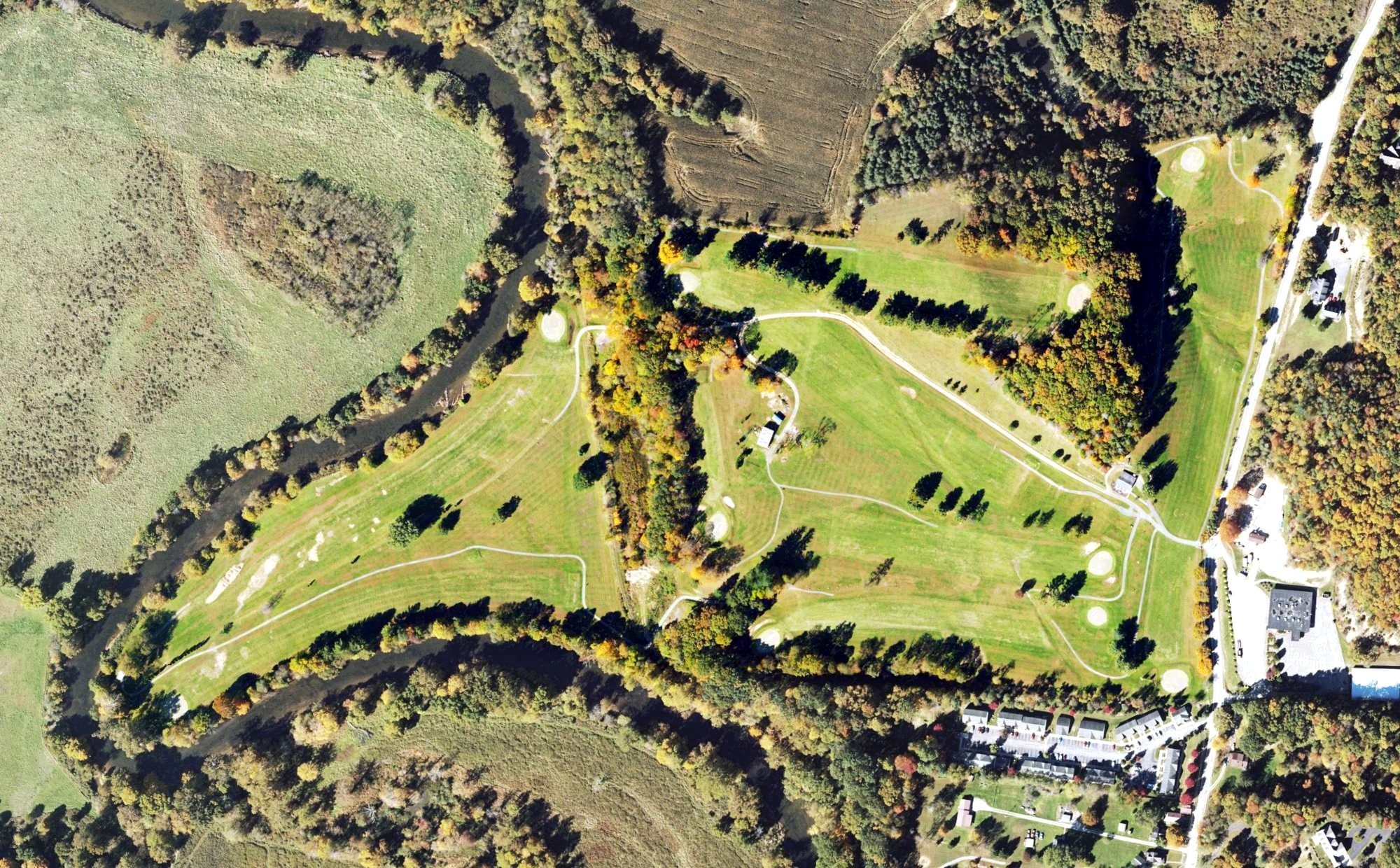 Aerial view of Elks Golf Course, WV, with its hole routing marked