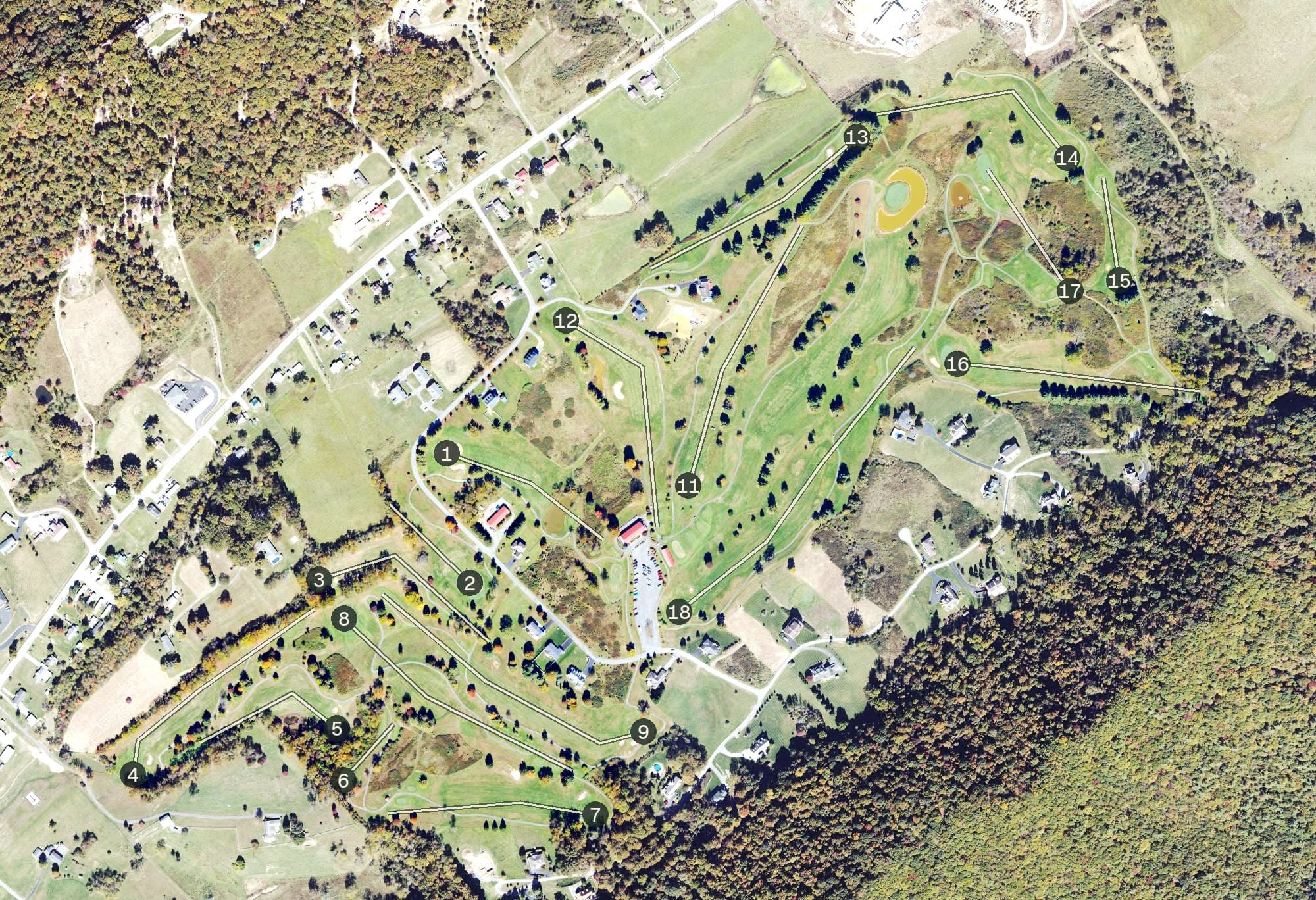 Aerial view of Fountain Springs Golf Course, WV, with its hole routing marked