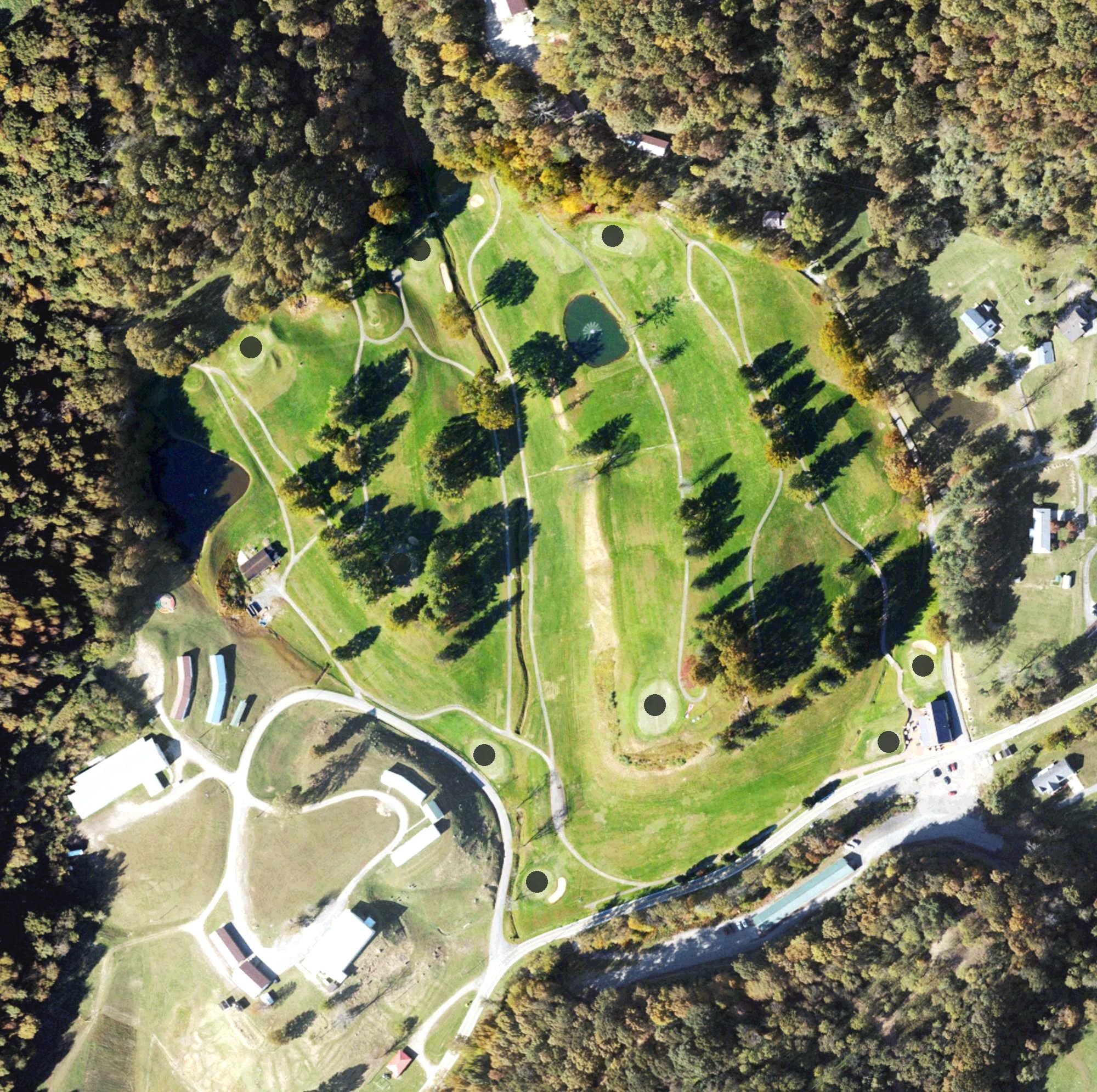 Aerial view of Glenville Golf Club, WV, with its hole routing marked