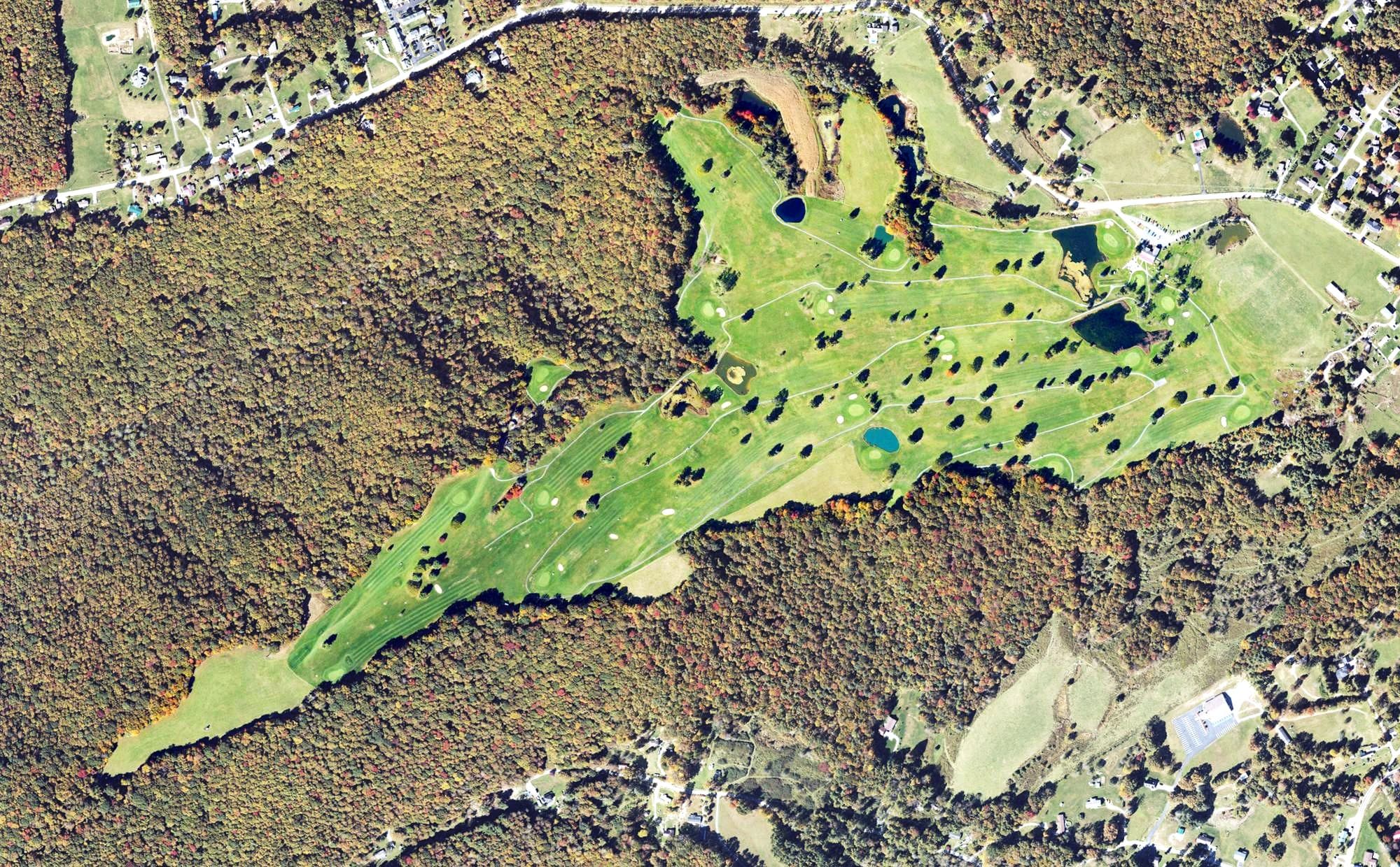 Aerial view of Grandview Country Club Golf Course, WV, with its hole routing marked