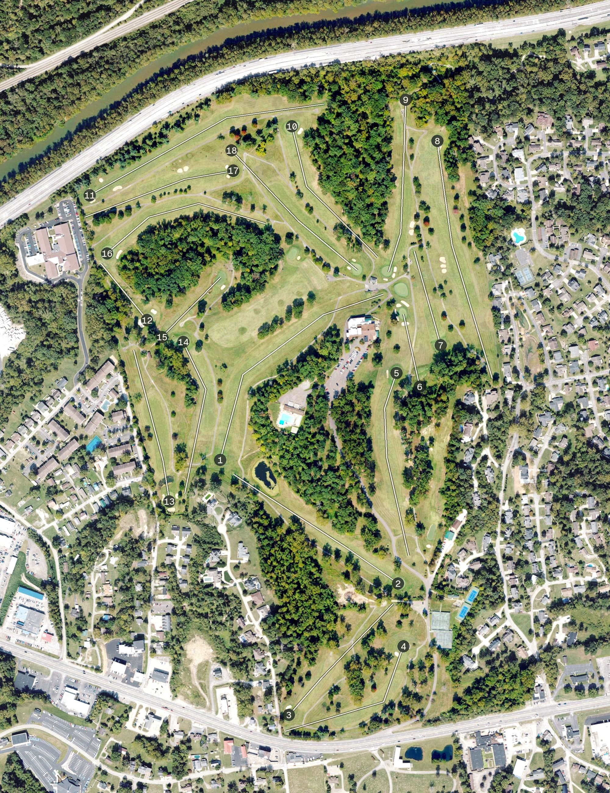 Aerial view of Guyan Golf and Country Club, WV, with its hole routing marked