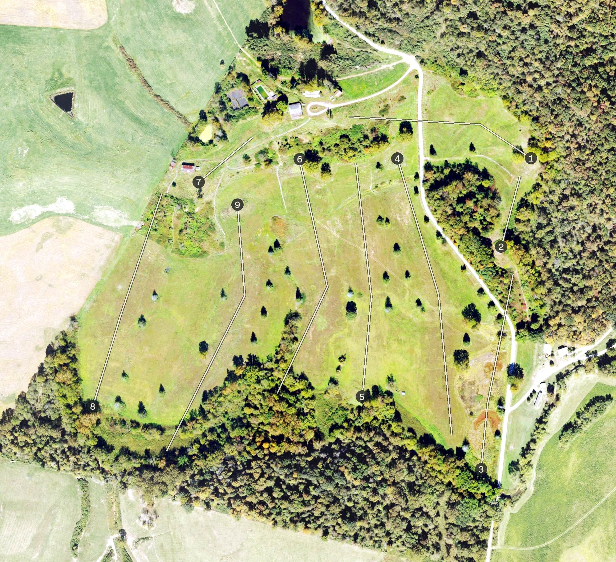 Aerial view of Hidden Valley Country Club, WV, with its hole routing marked