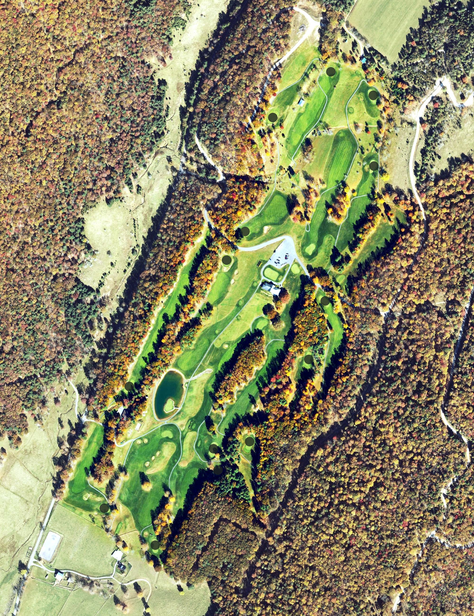 Aerial view of Highlands Golf Club, WV, with its hole routing marked