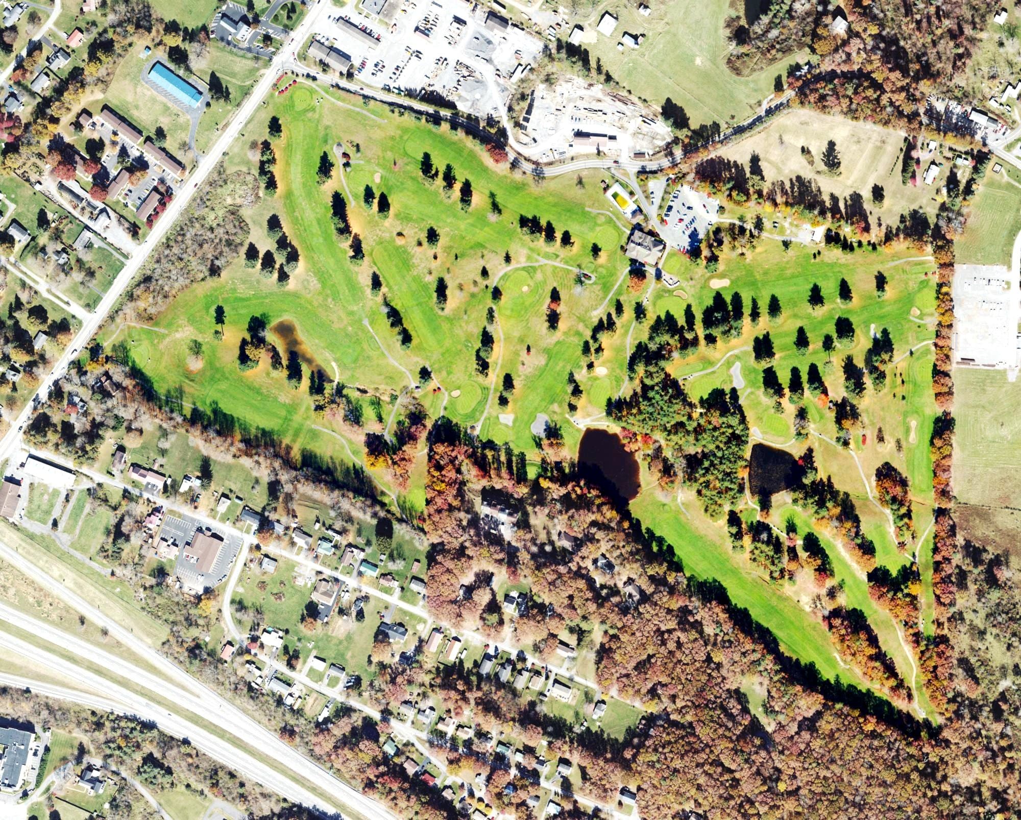 Aerial view of Lewisburg Elks Country Club, WV, with its hole routing marked
