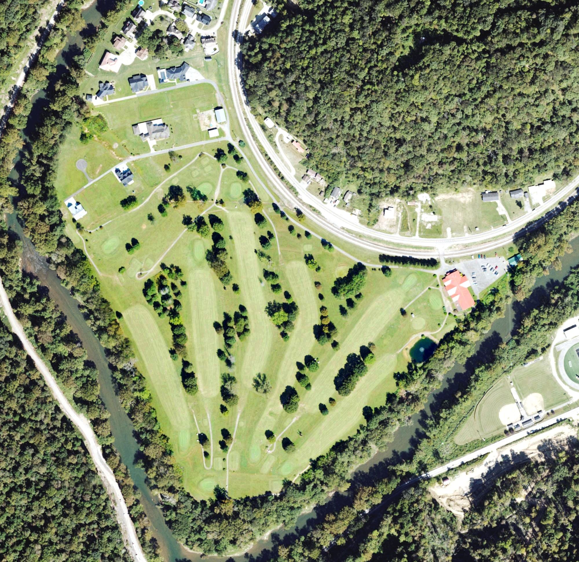 Aerial view of Logan Country Club Golf Course, WV, with its hole routing marked
