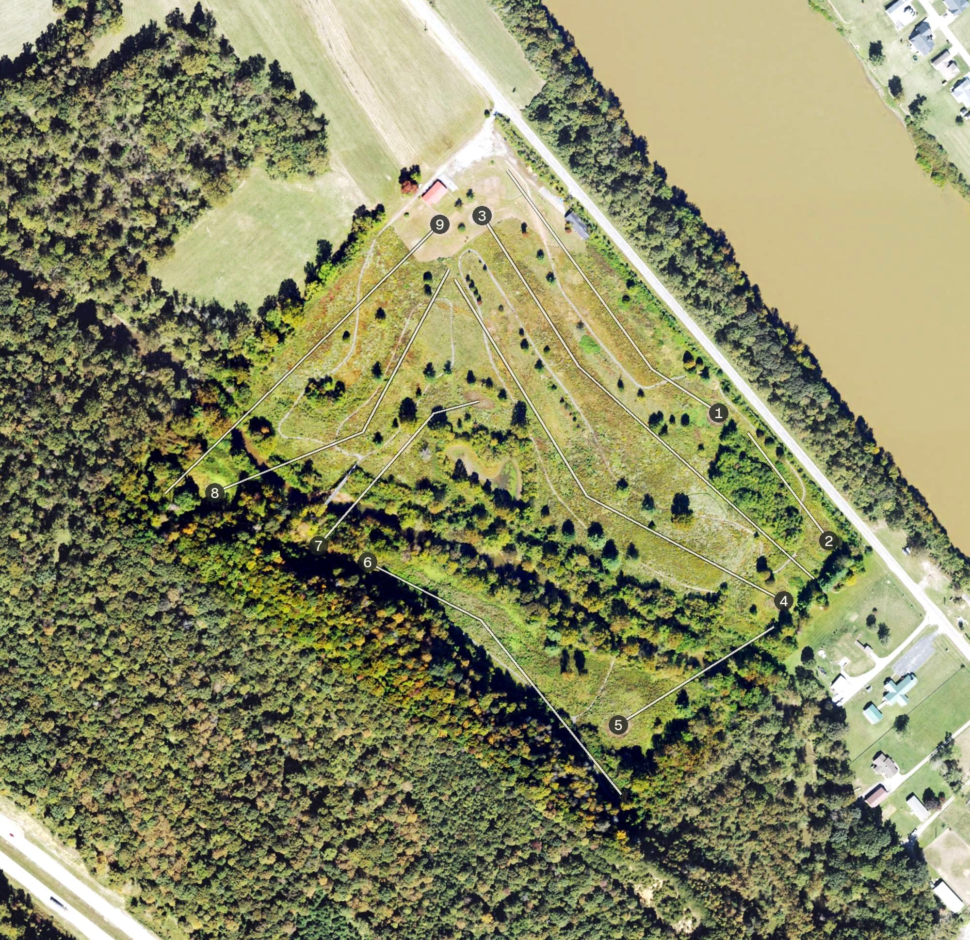 Aerial view of Meadowland Golf Course, WV, with its hole routing marked