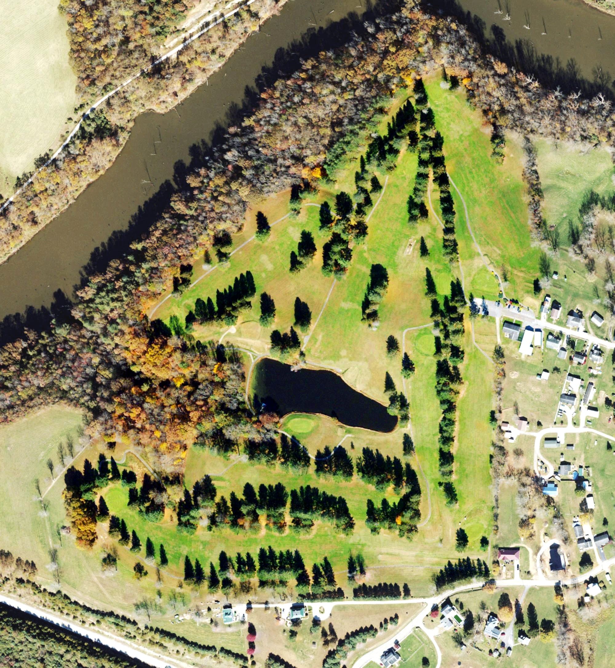 Aerial view of North Bend Golf Course, WV, with its hole routing marked