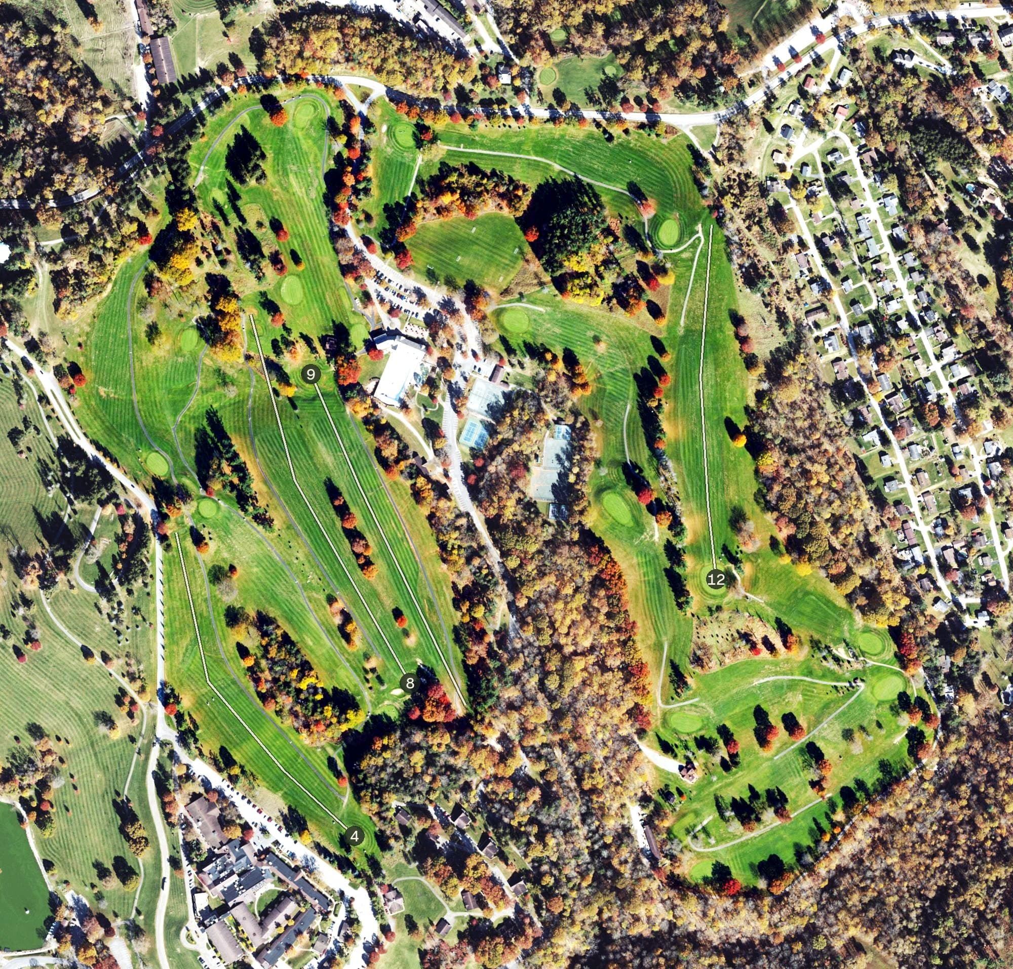 Aerial view of Oglebay Resort Crispin Golf Course, WV, with its hole routing marked