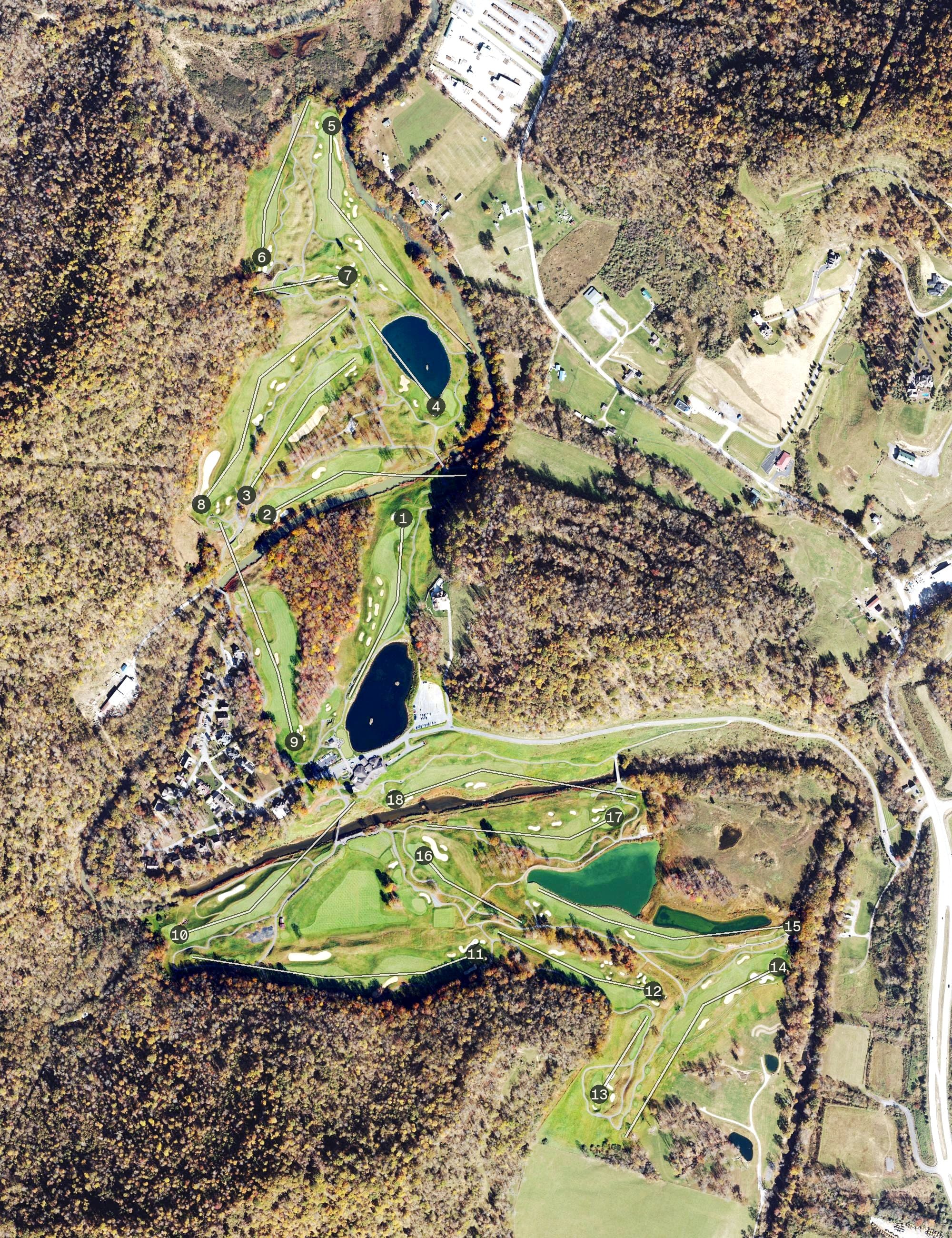 Aerial view of Pete Dye Golf Club, WV, with its hole routing marked