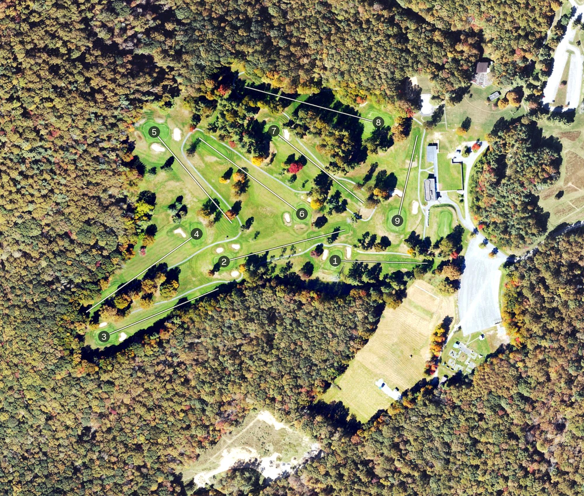 Aerial view of Pipestem Resort State Park Short Course, WV, with its hole routing marked