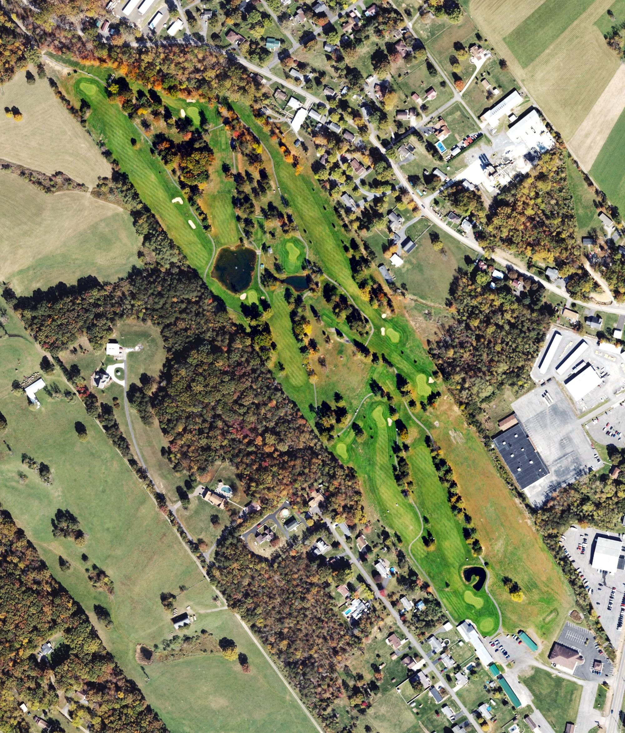 Aerial view of Polish Pines Country Club Golf Course, WV, with its hole routing marked