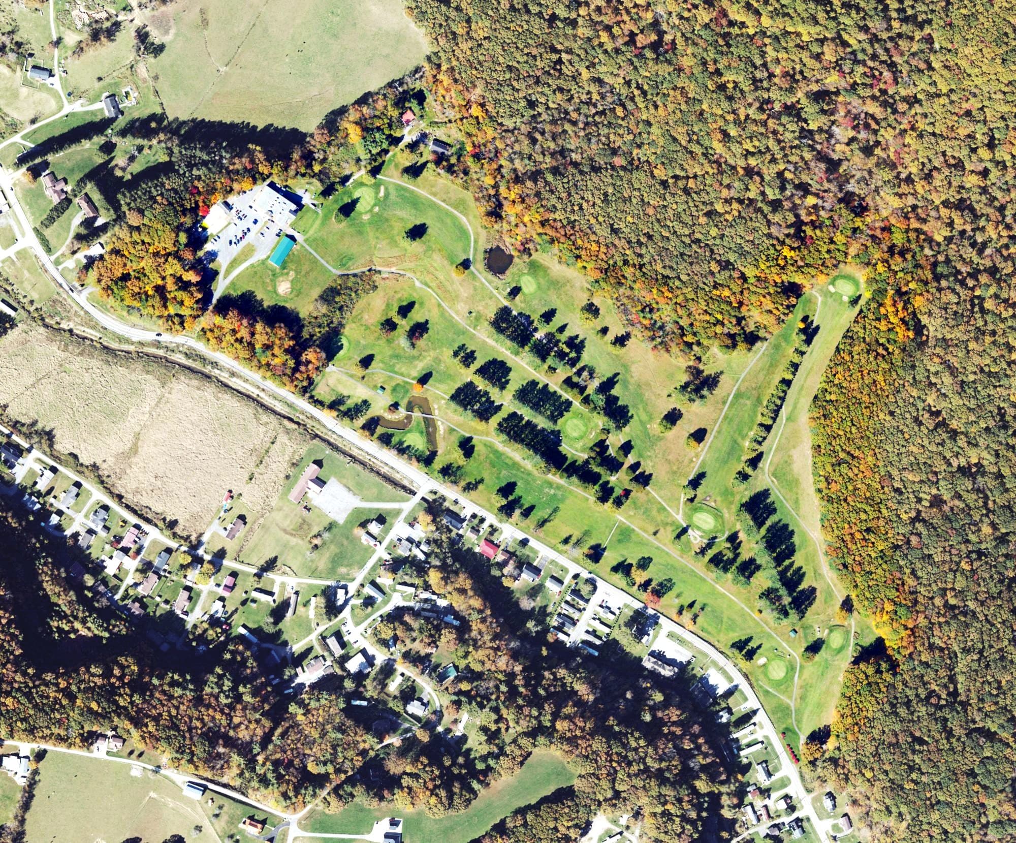 Aerial view of Princeton Elks Country Club Golf Course, WV, with its hole routing marked