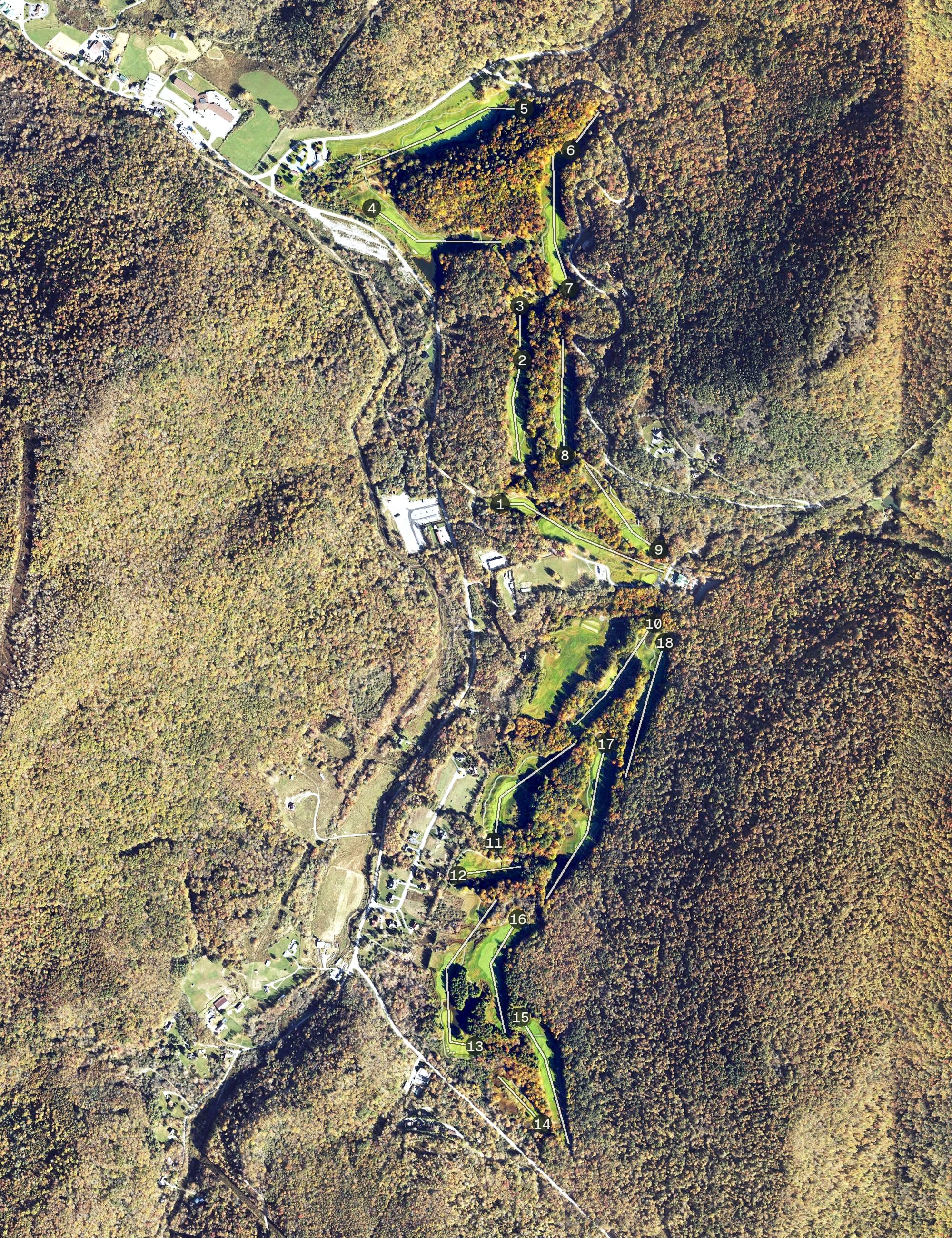 Aerial view of Raven Golf Course, WV, with its hole routing marked