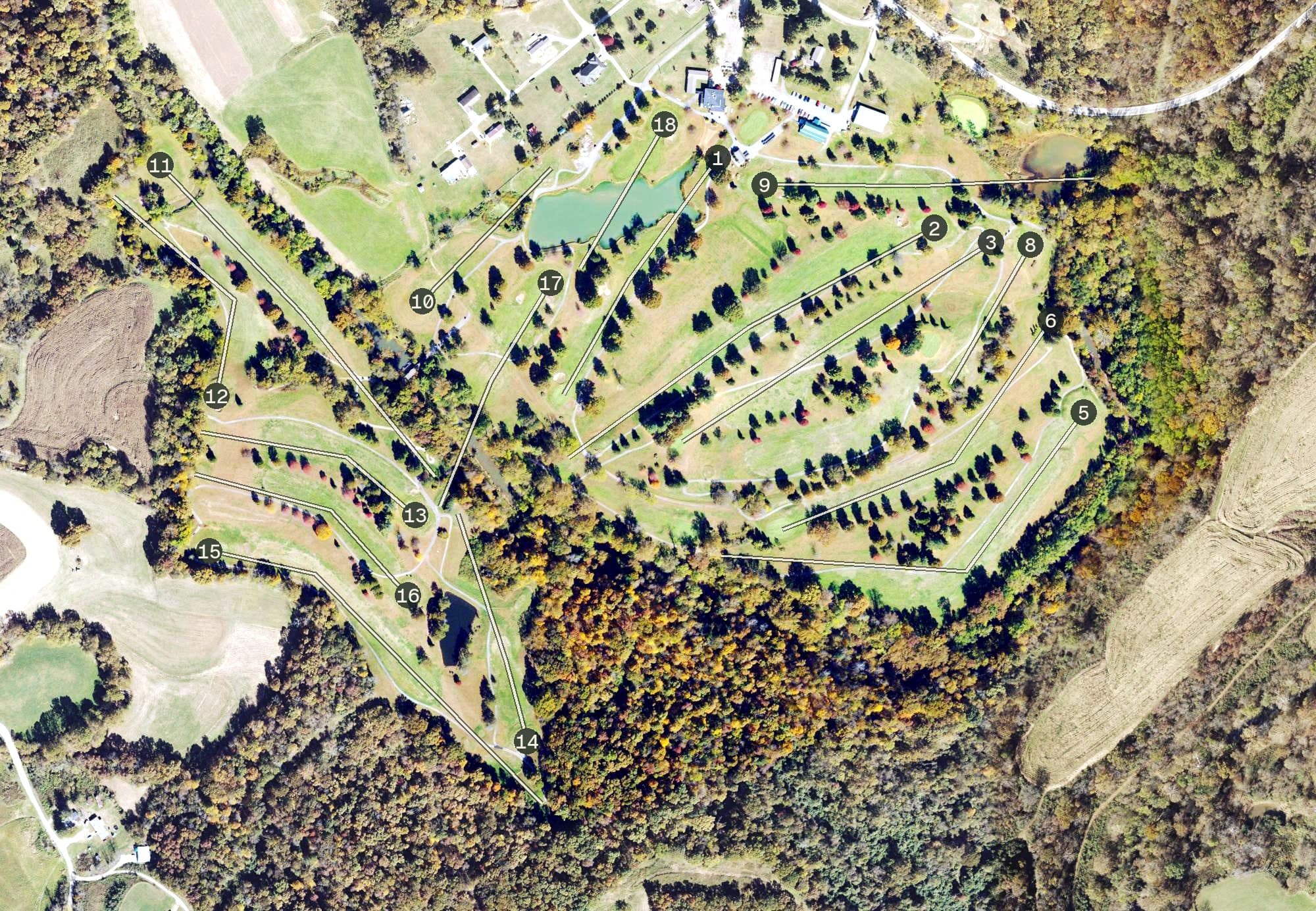 Aerial view of Route 56 Golf Course, WV, with its hole routing marked
