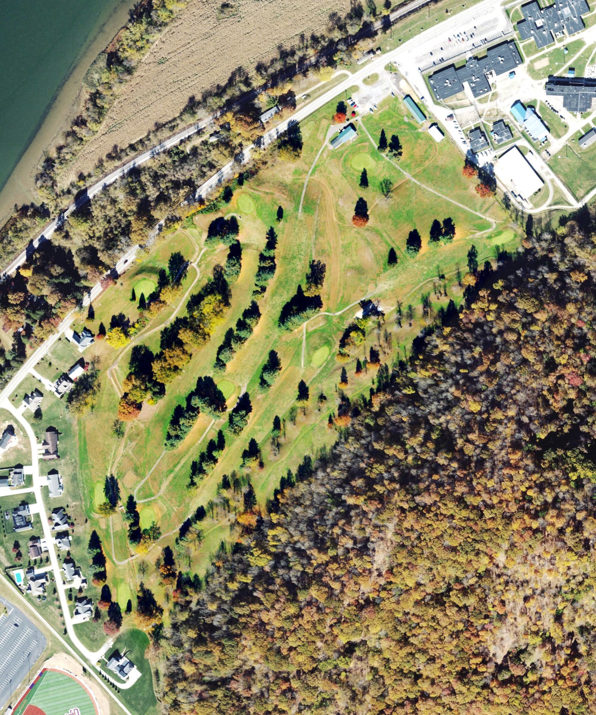 Aerial view of Saint Marys Golf Club, WV, with its hole routing marked