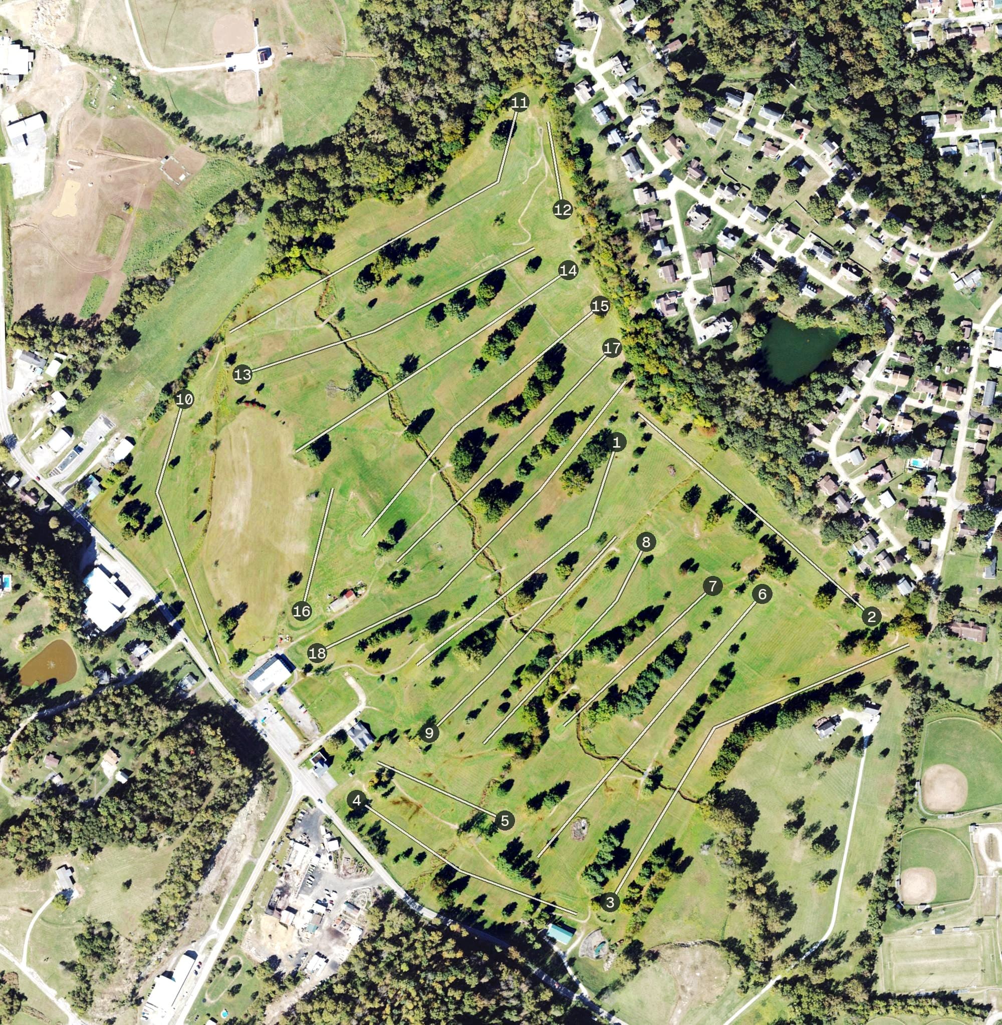 Aerial view of South Hills Golf Club, WV, with its hole routing marked