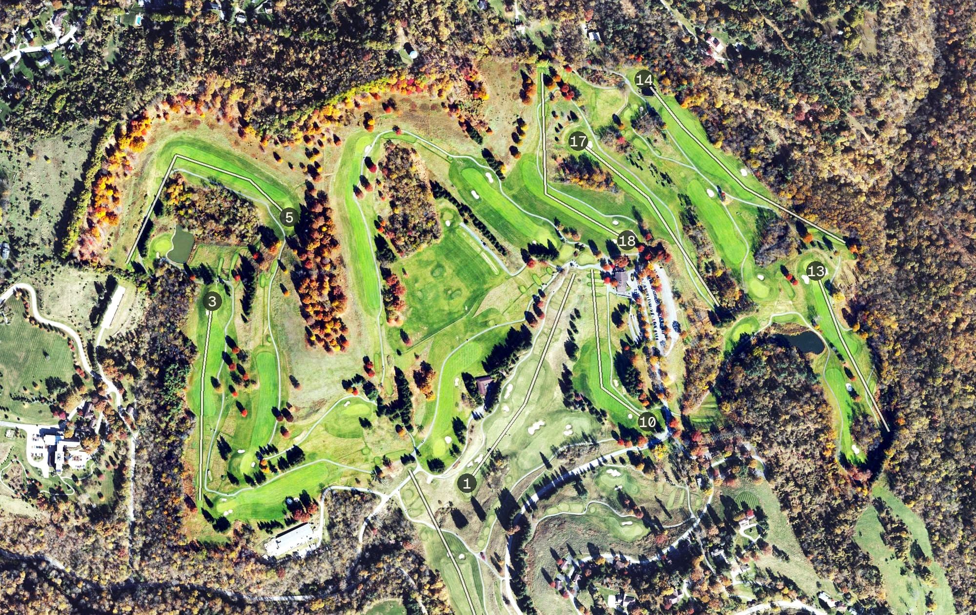 Aerial view of Speidel Jones Golf Course, WV, with its hole routing marked