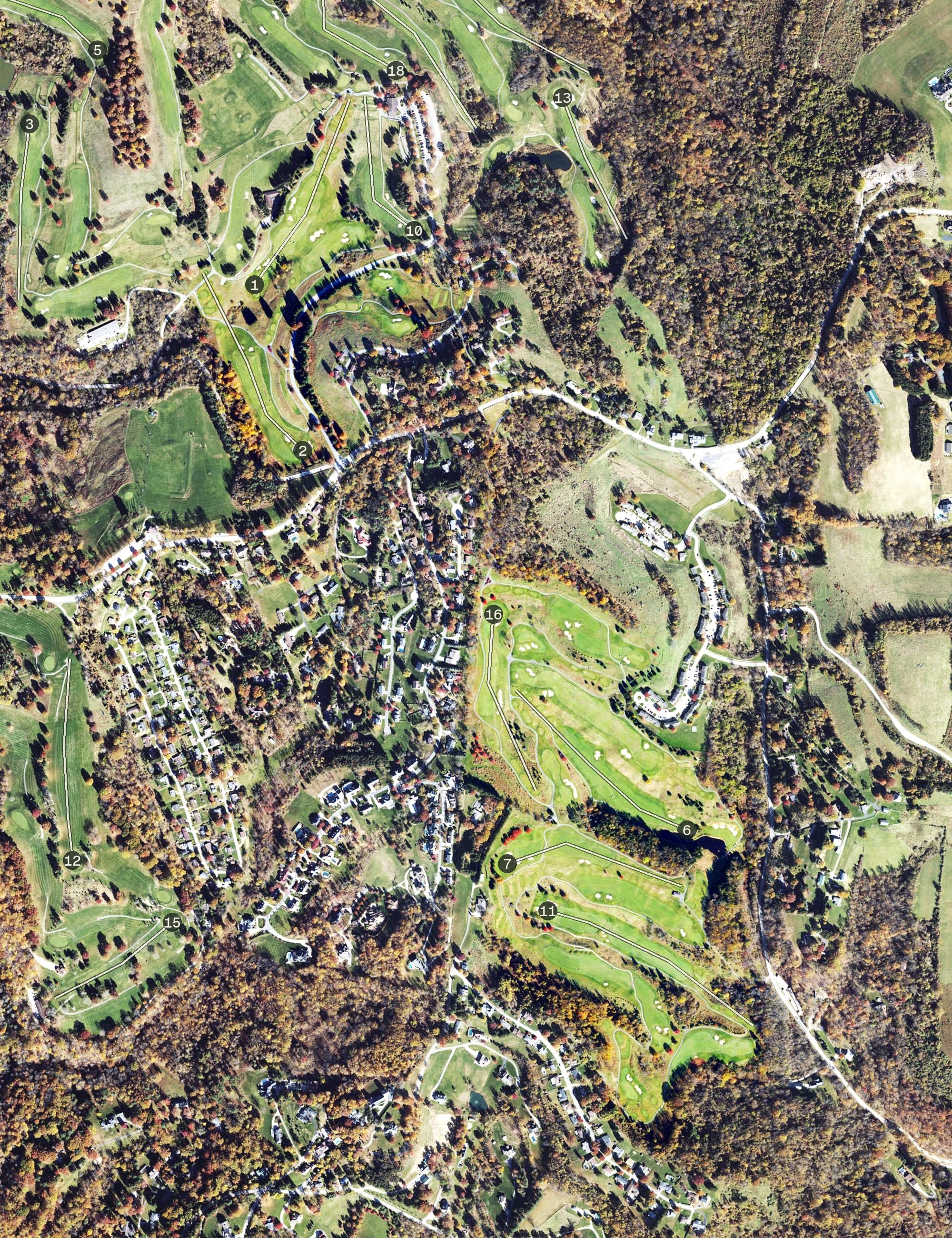 Aerial view of Speidel Palmer Golf Course, WV, with its hole routing marked